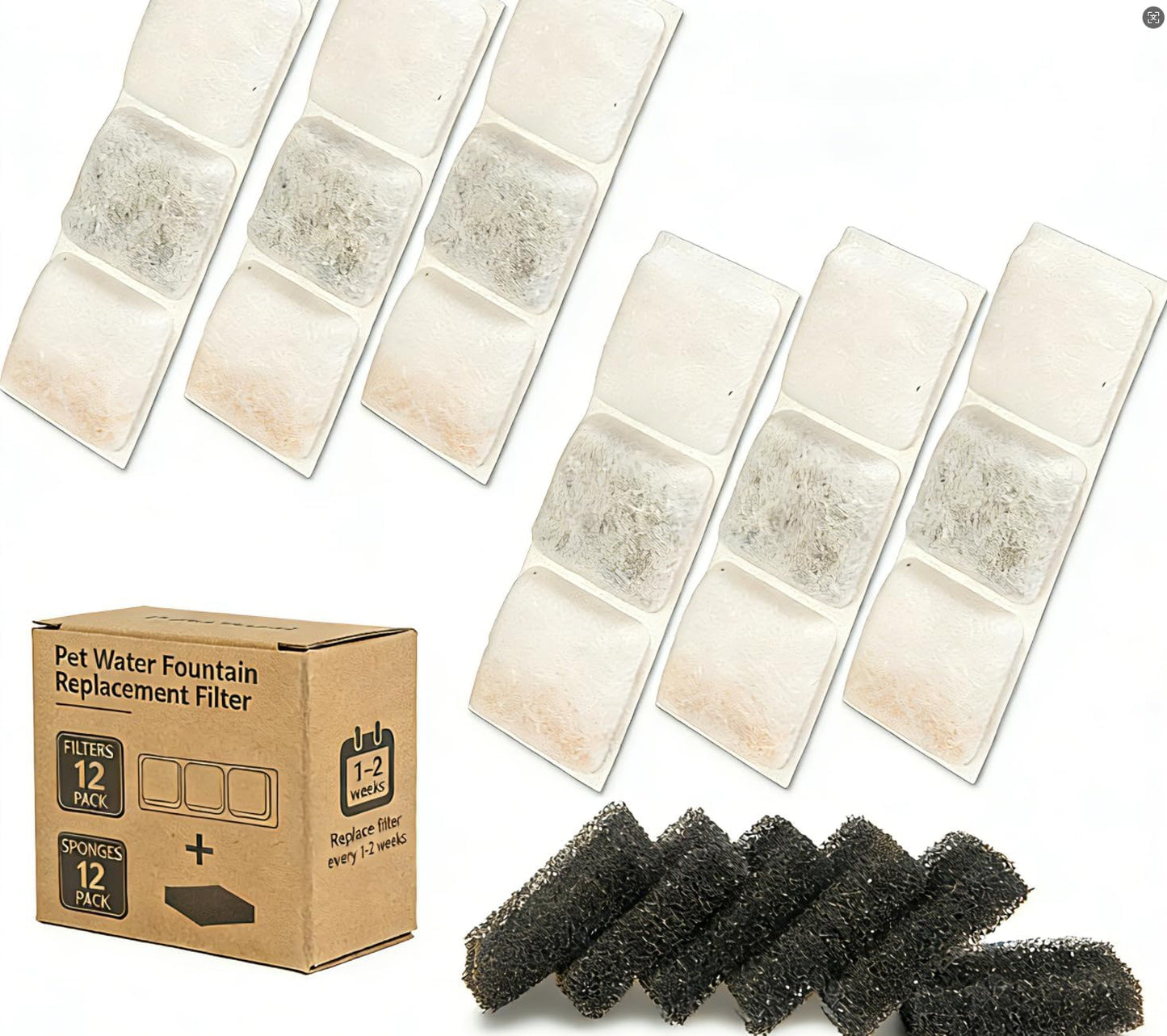 BOBO&DRAGON Cat Water Fountain 24 Pack Cat Fountain Replacement Filters for Stainless Steel 124oz/3.5L (12+12 Pack) Automatic Dog Water Dispenser Filters 6-layer Filtration System