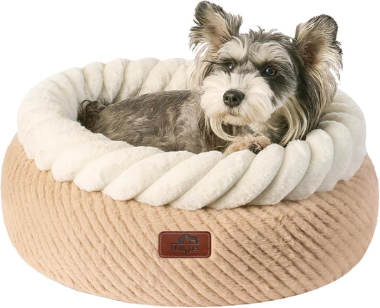 Hollypet Cat Bed for Indoor Cats Kitty Beds, Round Washable Fluffy Small Dog Bed, Soft Cozy Plush Pet Beds for Puppy and Kitten with Non-Slip Bottom (20" Diameter, Oatmeal)