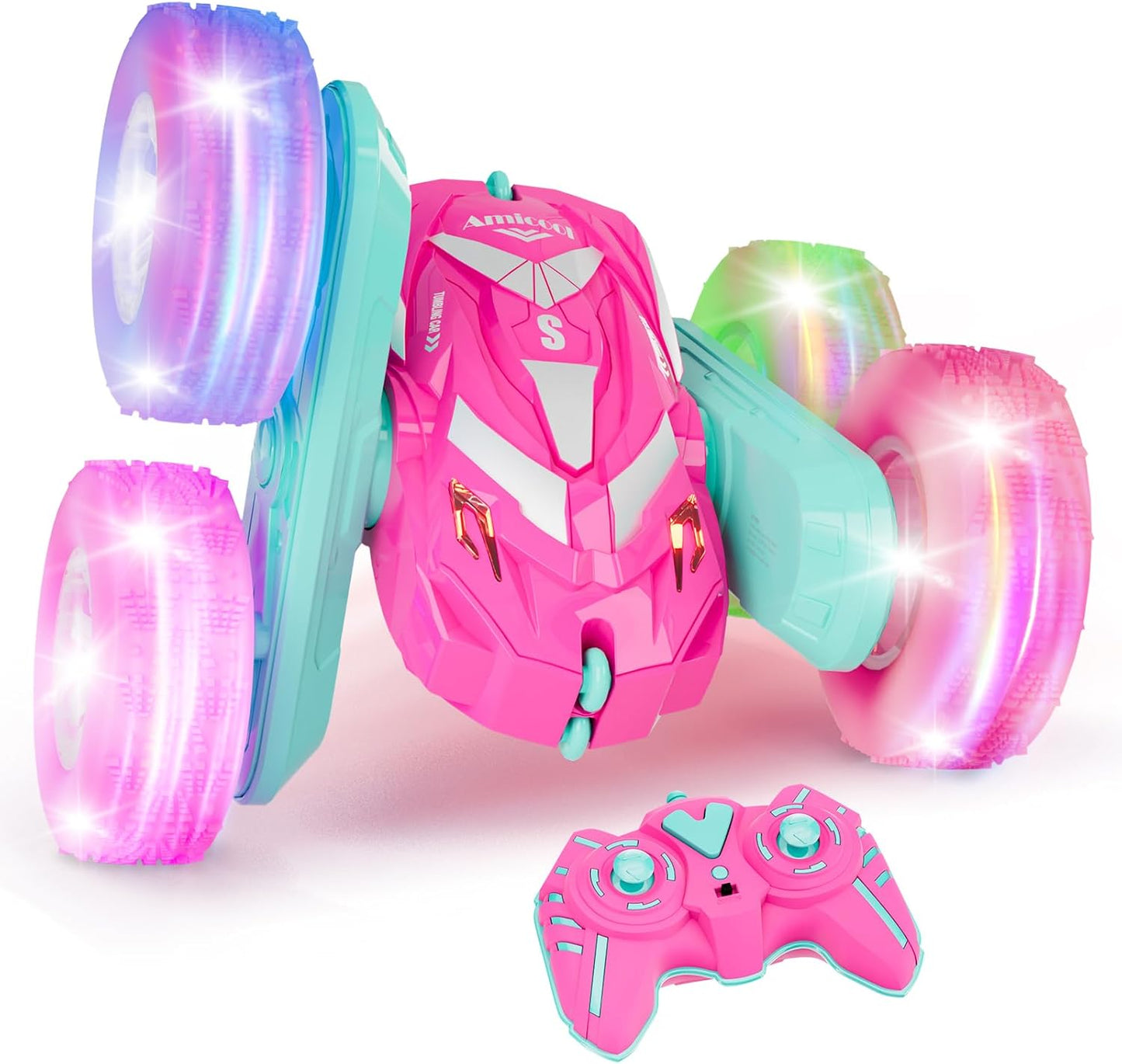 Remote Control Car for Girls 6-12 with Flashing Light, Toys 6 7 8 9 Years Old Girl Birthday Gifts Idea, RC Cars Stunt 4WD 2.4Ghz Double Sided 360° Flip, Present for Kids, Christmas, Pink