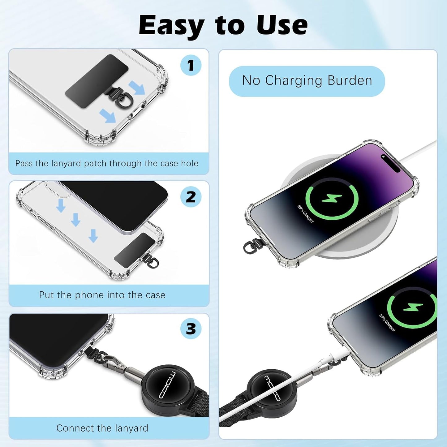 MoKo Anti-theft Phone Tether, Phone Lanyard Retractable Steel Line Cellphone Strap with Locking Carabiner and Metal 360° Tether Tab for Outdoor Skiing Hiking Climbing Fishing, Black
