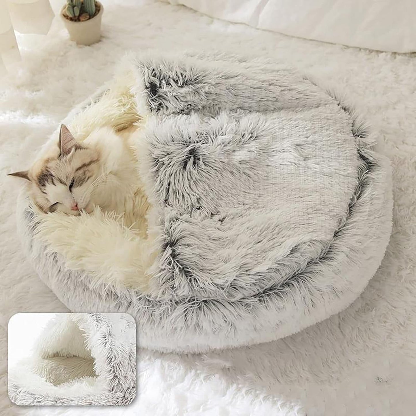 Keep Warm Lapcatz Nest Bed, Cat Bed Round Fluffy Hooded Cat Bed Cave, Anti-Slip Bottom and Machine Washable,Removable Washable Round Beds for Small Medium Pets (Coffee,Medium)