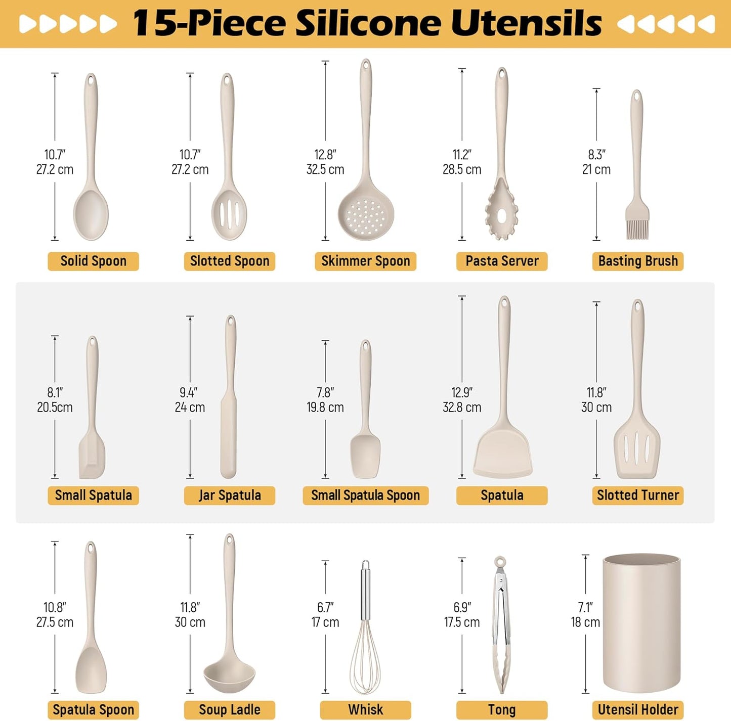 15-Piece Kitchen Cooking Utensils Set with Holder, Homikit Heat Resistant Food Grade Silicone Kitchen Utensils include Slotted Spatula Ladle Turner for Nonstick Cookware, Dishwasher Safe- Khaki