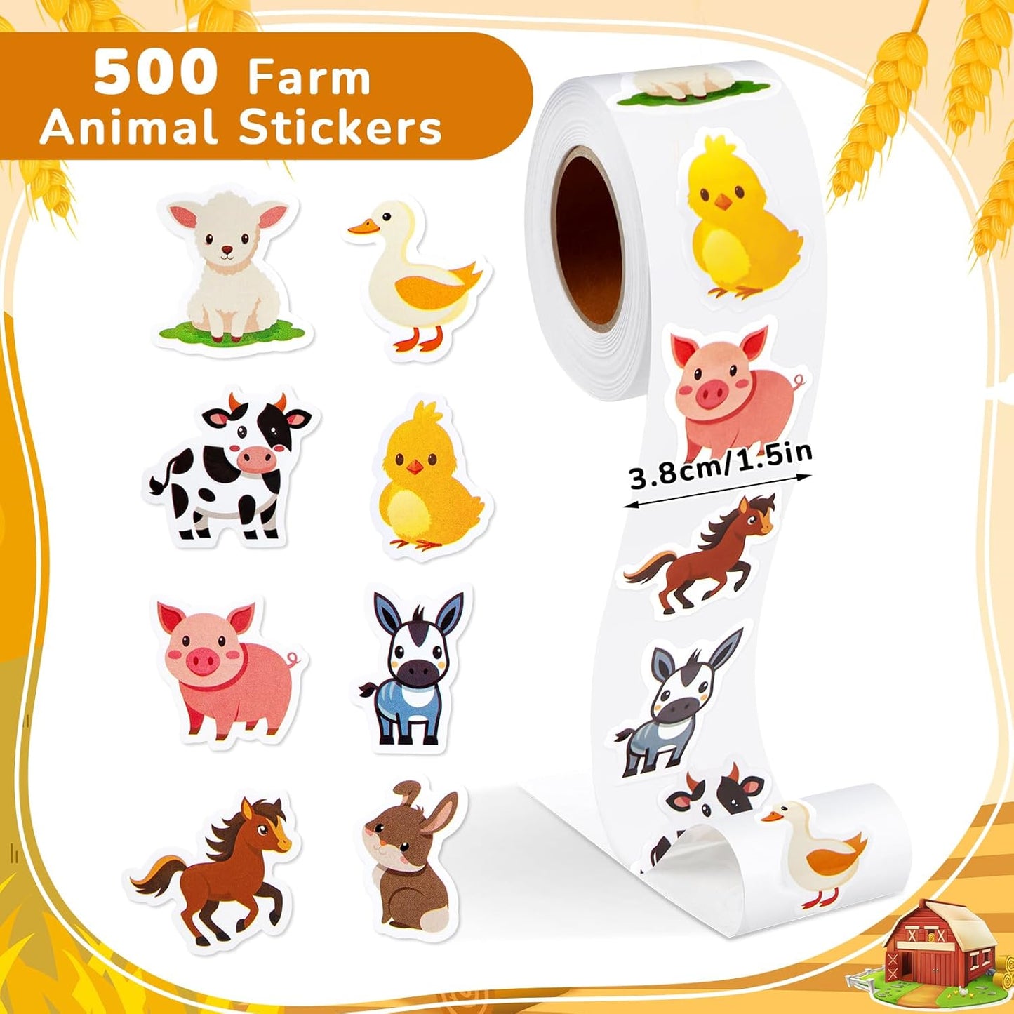 1 Roll Farm Animal Stickers Decal Reward Cute Office Supplies Incentives Animals Sticker Farm Party Favor, 500 Pcs Each Roll