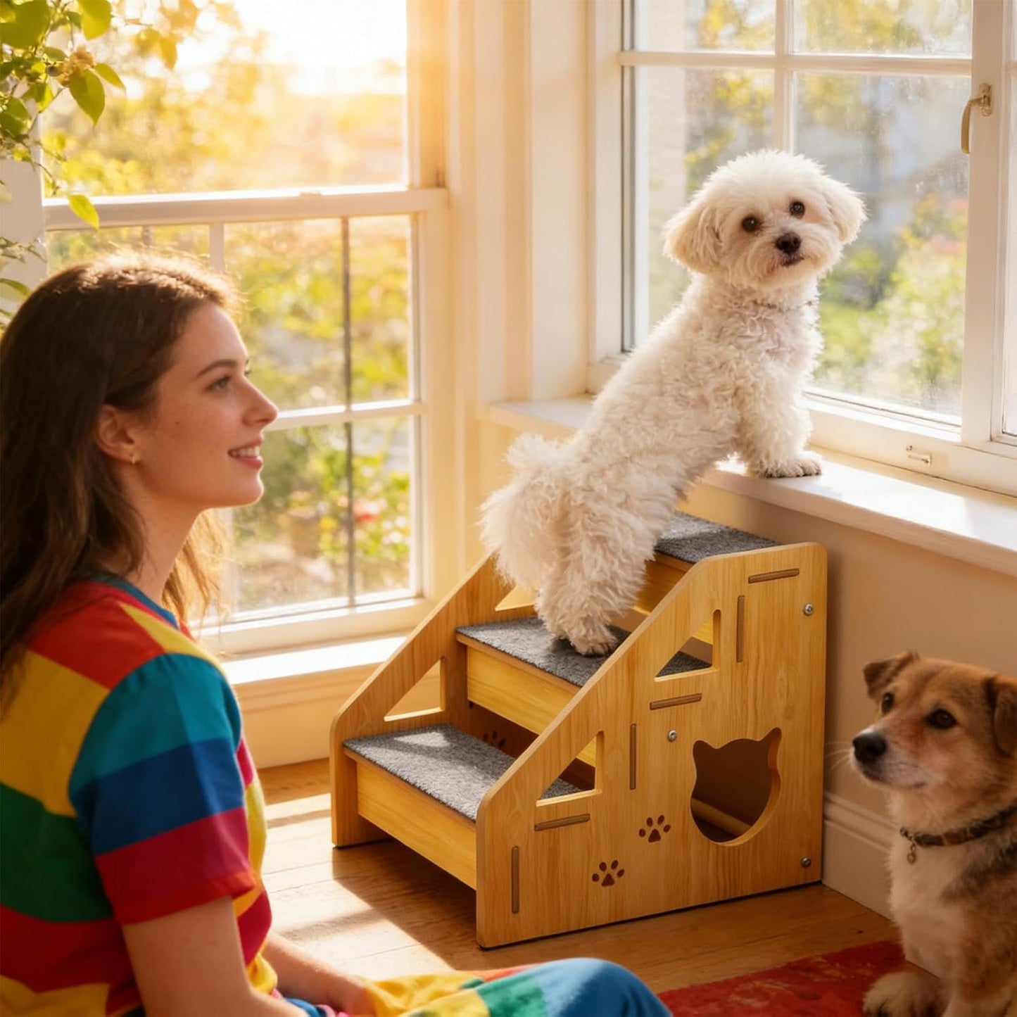 Dog Stairs Wooden, Wooden Pet Ladder, Dog Stairs with Non Slip Steps, 3 Step Ramp with Sturdy Construction, Pet Accessories, Dogs Stair for Small Elderly Puppy Sofa Balcony Activities Use