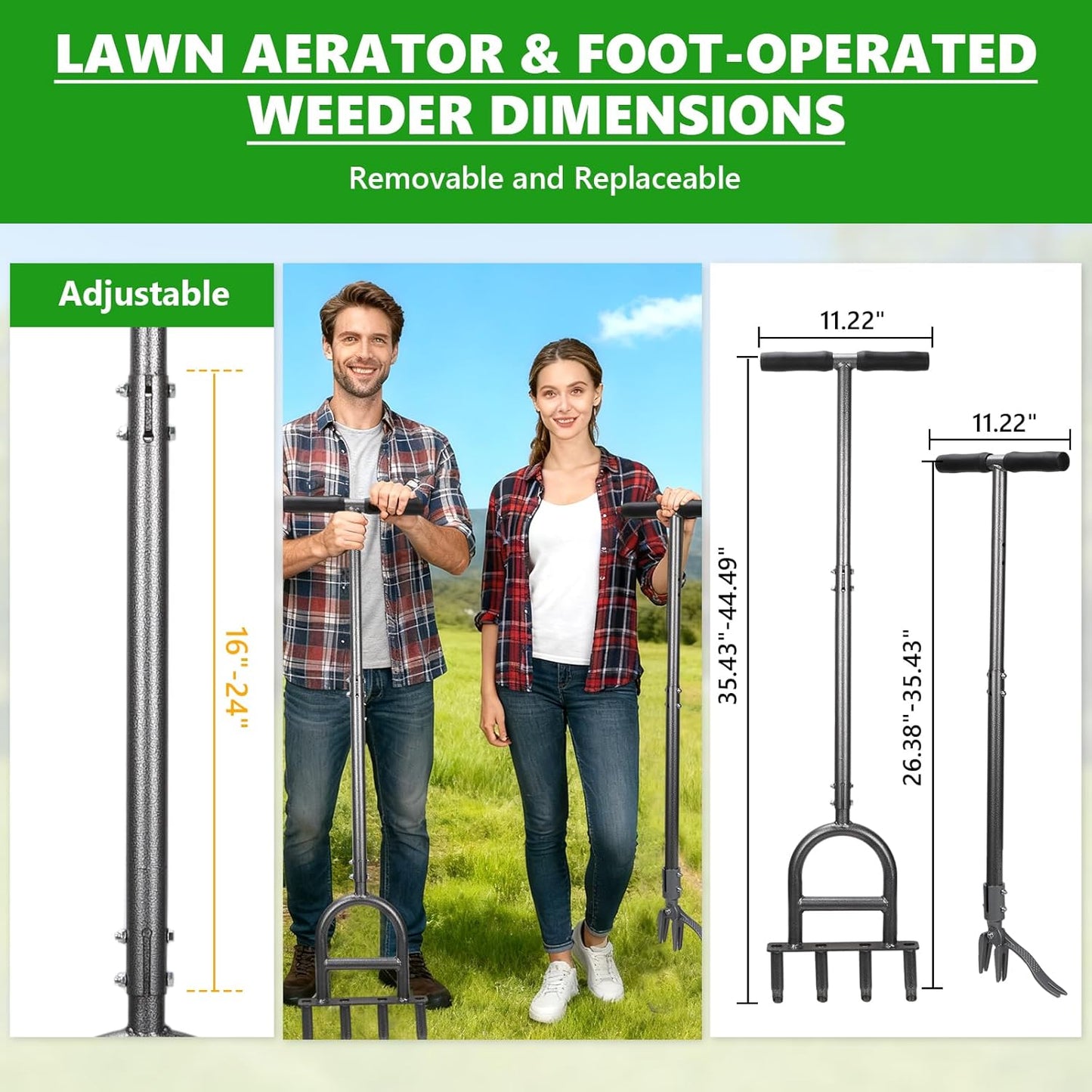 2-in-1 Lawn Aerator Tool, Foot-Operated Weed Puller & Core Aerator 4 Hollow Tines with Adjustable Height, Heavy-Duty Anti-Rust Carbon Steel for Compacted Soil Aeration, Garden Lawn Care