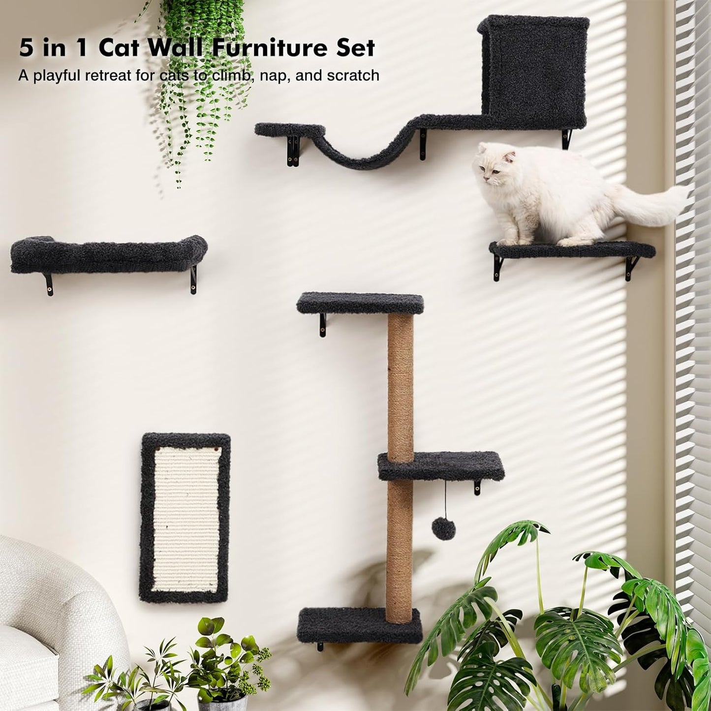 5-in-1 Cat Wall Shelves for Indoor Cats, Wall Mounted Cat Furniture with Bed, Cave, Scratching Post & Perch, Multi-Level Cat Climbing Wall, Space Saving Floating Cat Shelves (Natural Wood Darkgrey)