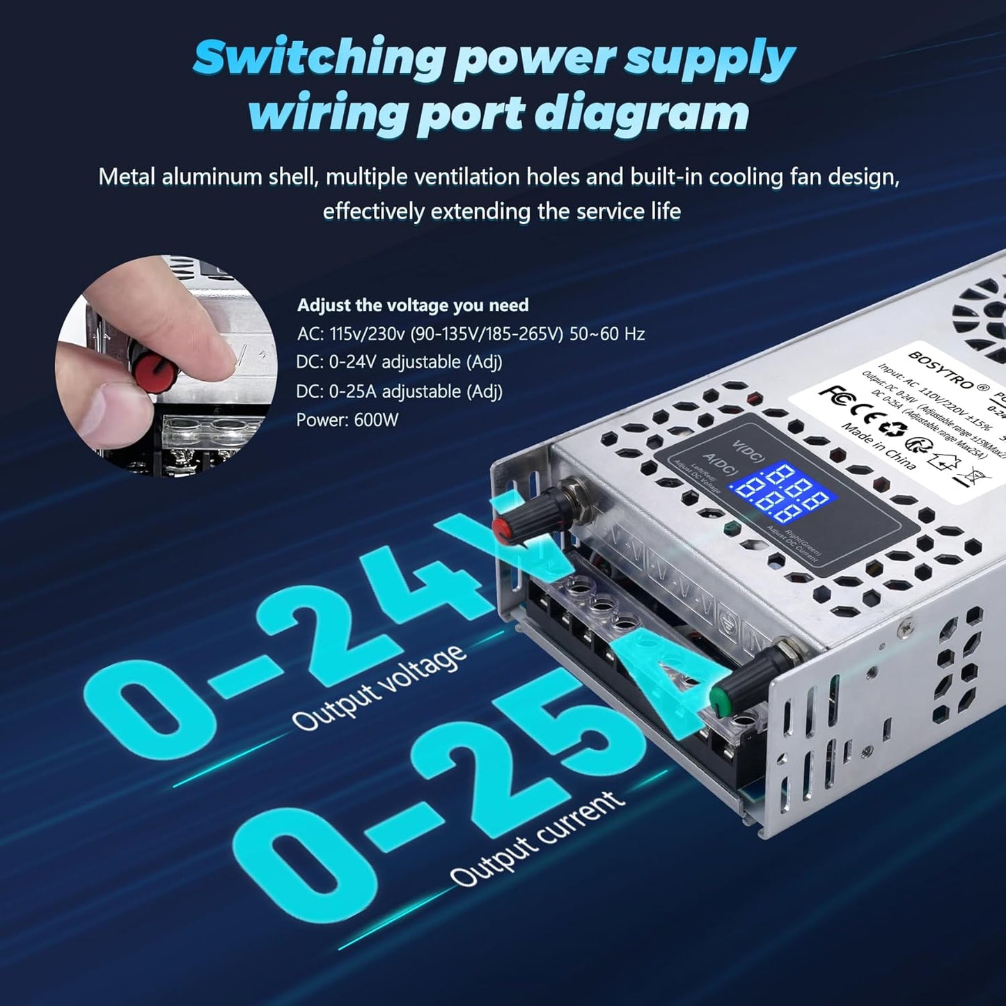24V Adjustable dc Power Supply 600W,Switching Power Supply AC 110V/220V to DC 0-24V DC Converter with LED Digital Display, 5V 10V 12V 24V Buck Converter for 3D Printer,CCTV Computer Lab