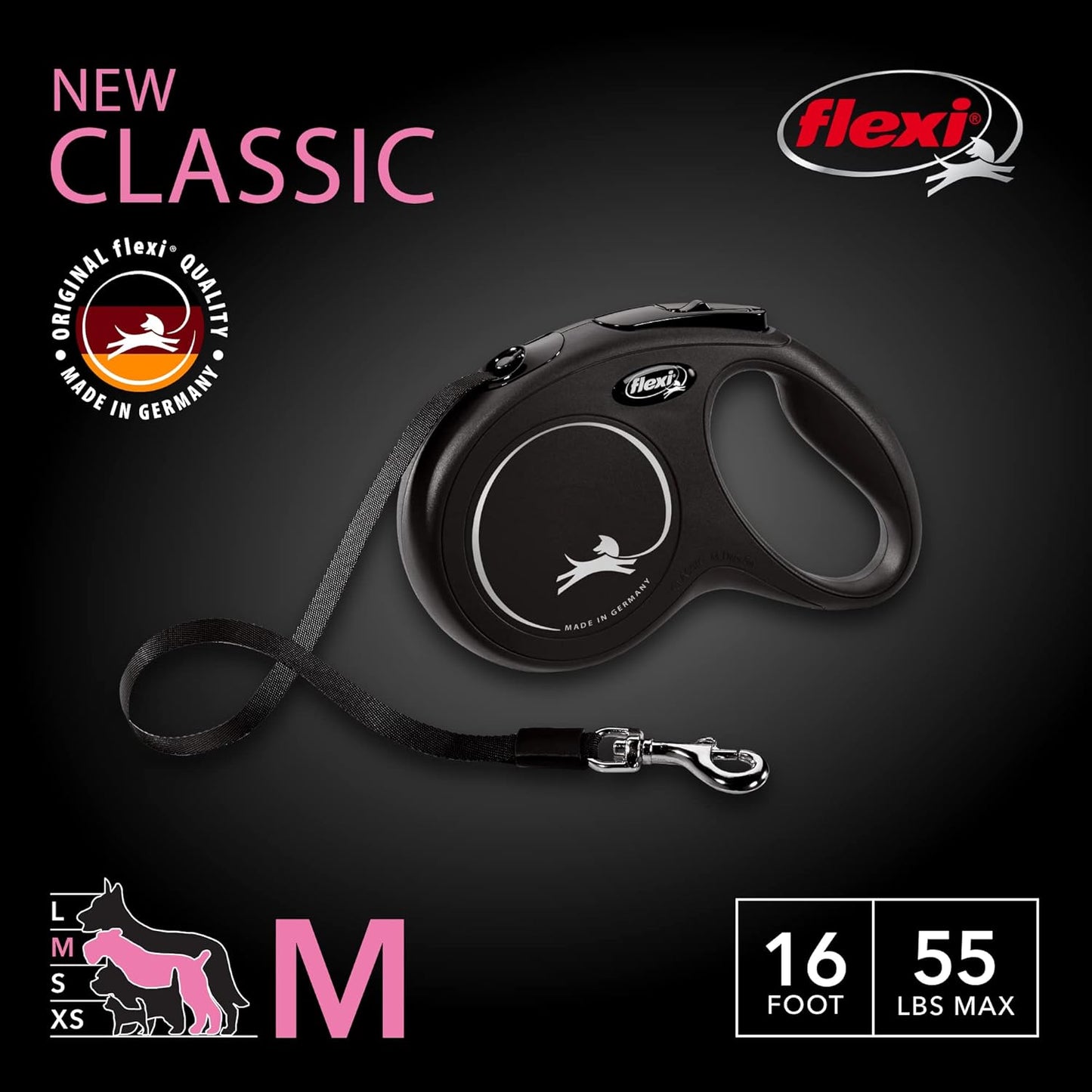 FLEXI New Classic Tape Retractable Dog Leash for Medium Dogs Upto 55 lbs. – 16 ft., Black | Tangle Free Pet Walking Leash with One-Handed Brake, Pause, Lock|German Quality Product