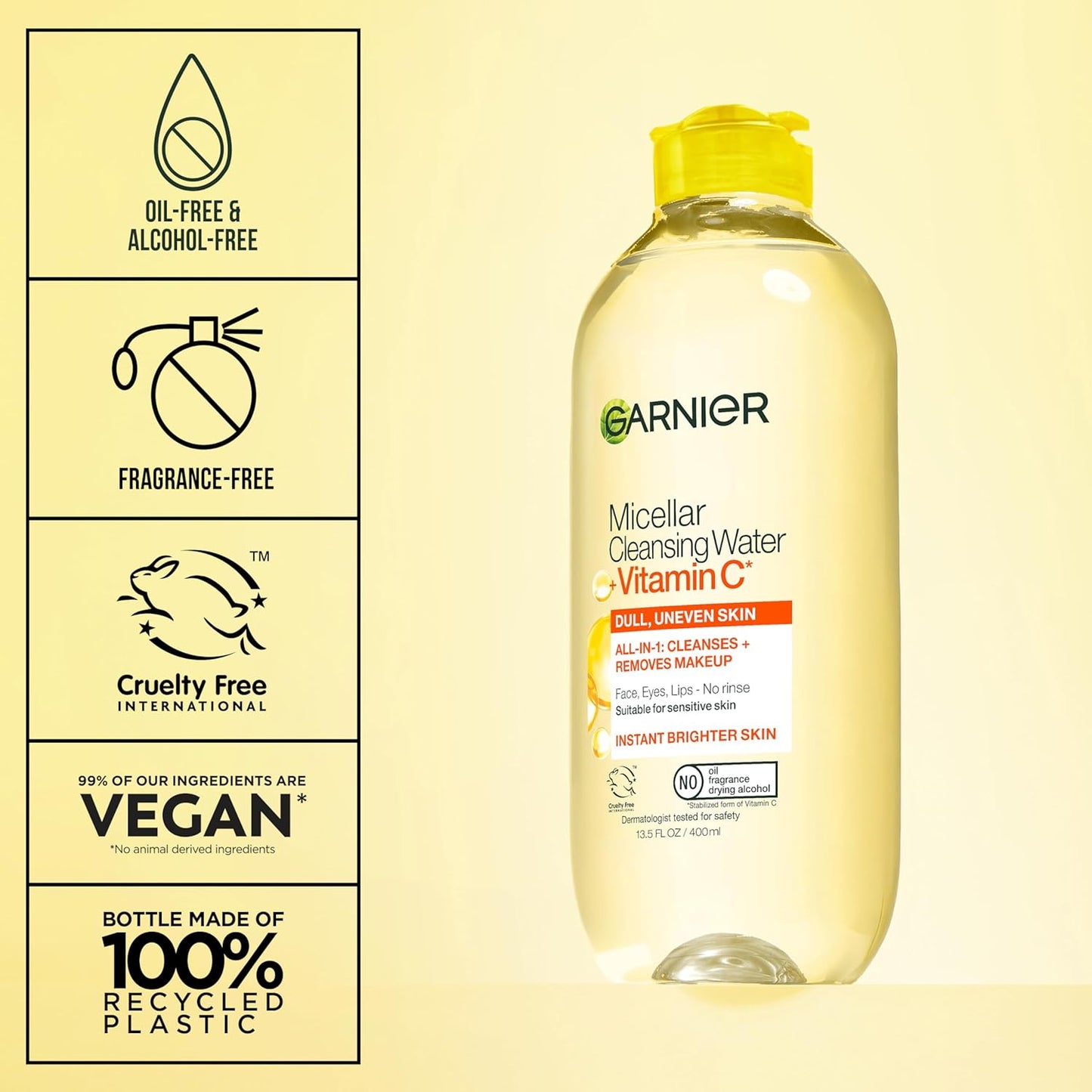 Garnier Micellar Water with Vitamin C, Facial Cleanser & Makeup Remover, Brightening & Hydrating, For All Skin Types, Vegan, Cruelty Free, 13.5 Fl Oz (400mL), 1 Count