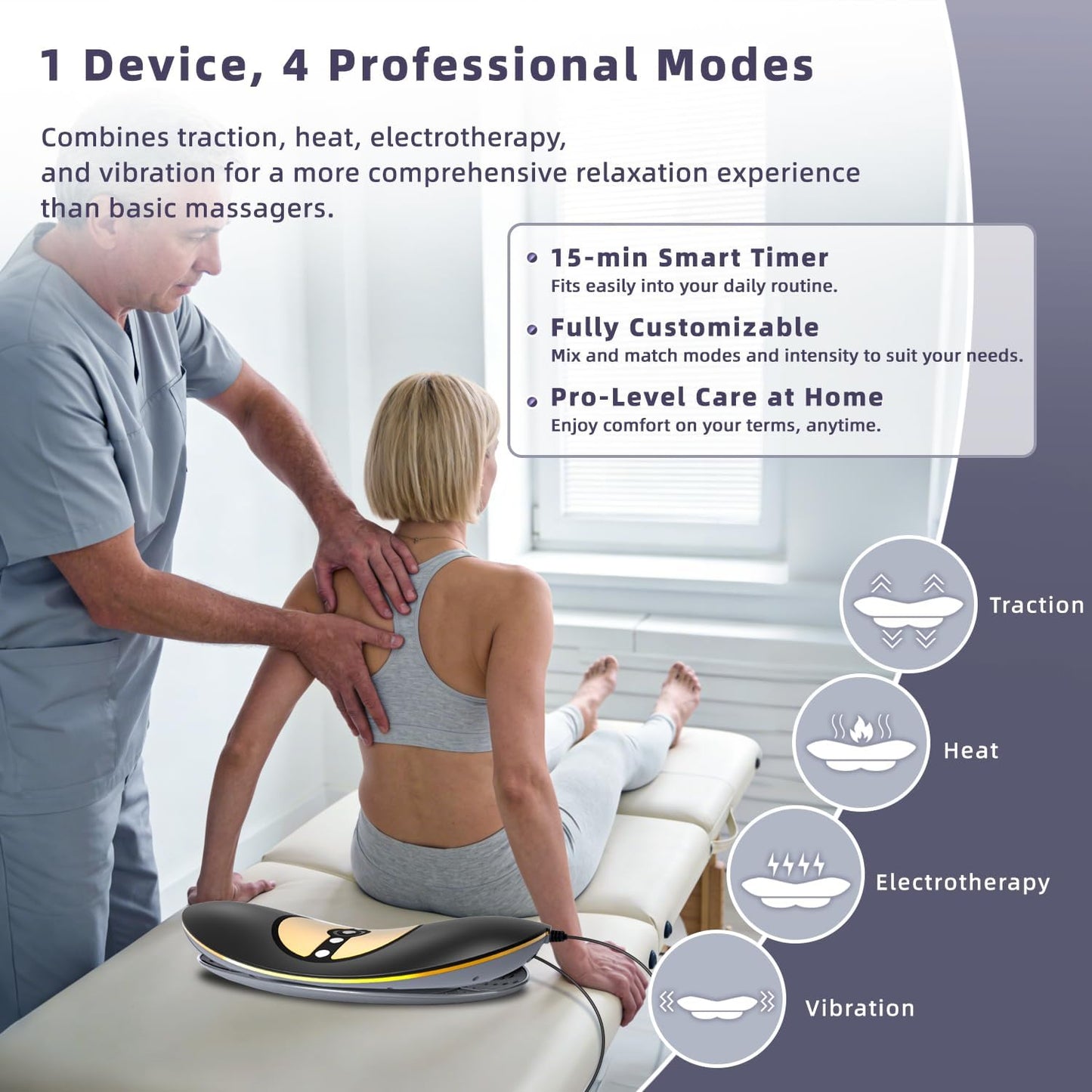 Zenopax 4-in-1 Electric Lumbar Traction Device - Adjustable Back Massager for Deep Tissue Pain Relief with Heat, Vibration, Electrotherapy, Home Lumbar Decompression ＆ Sciatica Relief(Golden)