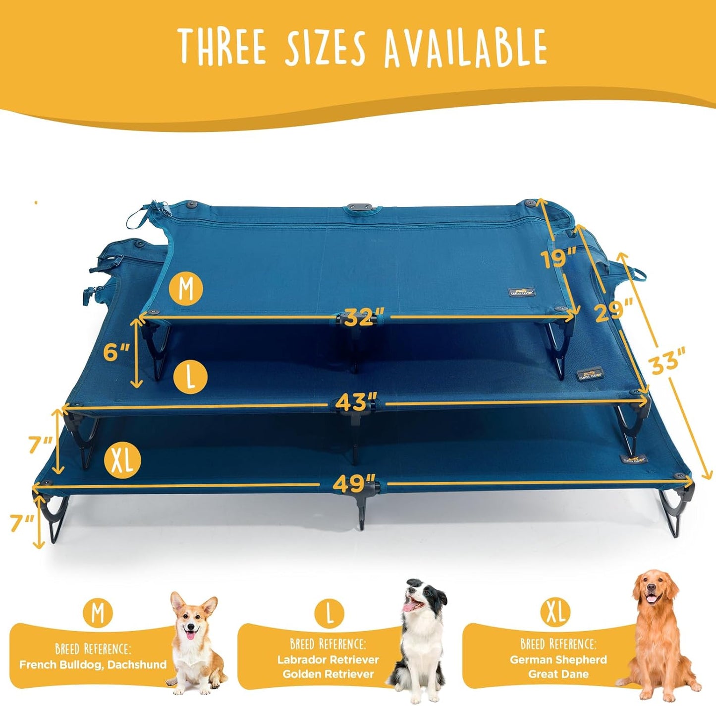 Folding Raised Dog Cot, Large Outdoor Elevated Dog Bed, Cooling Chew Proof Pet Cots Bed, Portable, Heavy Duty Up to 160 lbs, Pet Cot for Camping, Home, Dark Blue, 43"x27"x7"