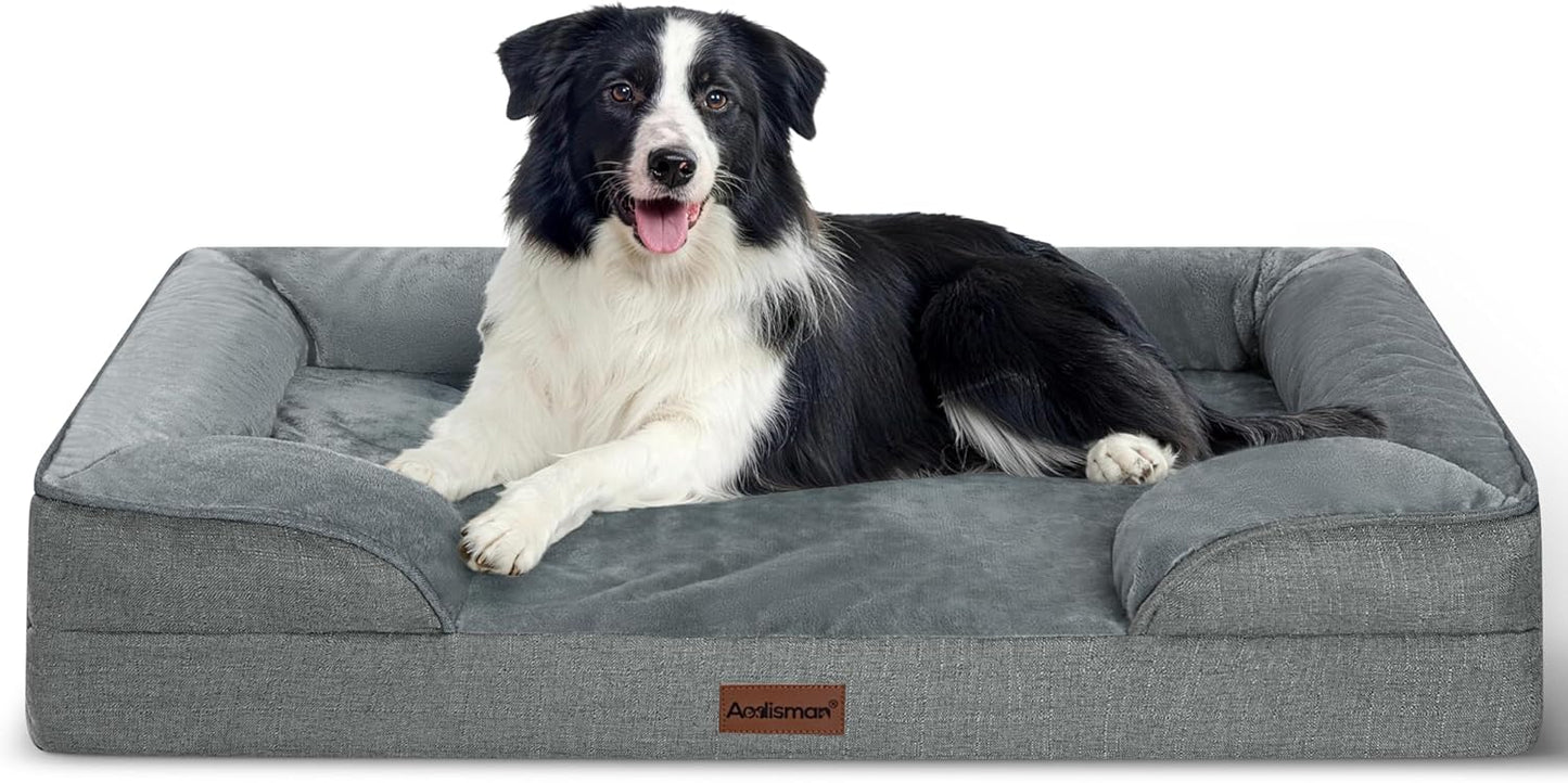 Orthopedic Dog Beds for Large Sized Dogs, Waterproof Memory Foam Big Size Pet Bed with Sides,Comfort Thick Egg-Crate Foam,Dog Couch Bed,Washable Cover & Non-Slip Bottom,Grey