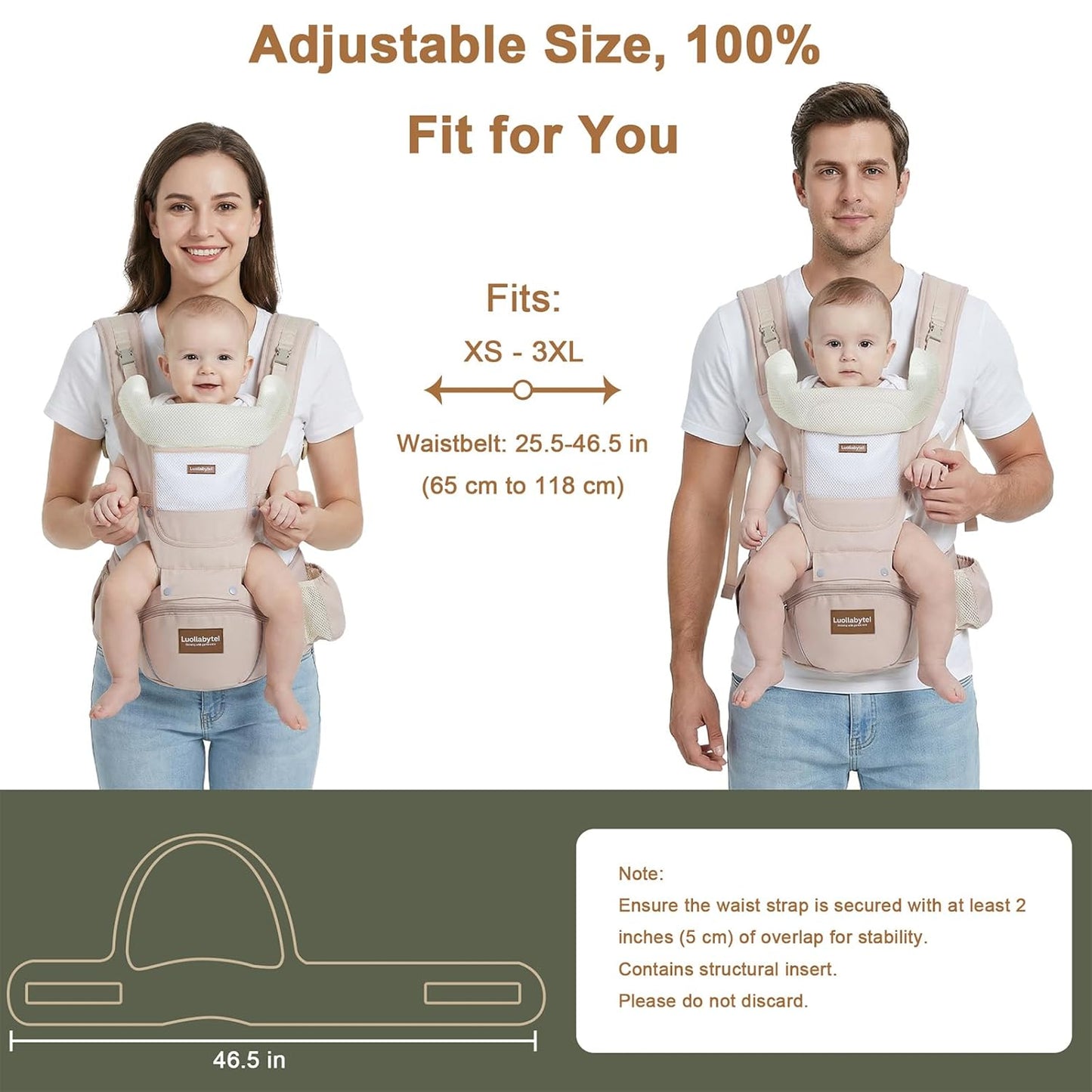 Baby Carrier with Hip Seat, 6-in-1 Baby Carrier Newborn to Toddler, Adjustable Detachable Infant Toddler Carrier, Hands-Free Baby Holder, All Seasons, Perfect for Shopping Travelling (Khaki)