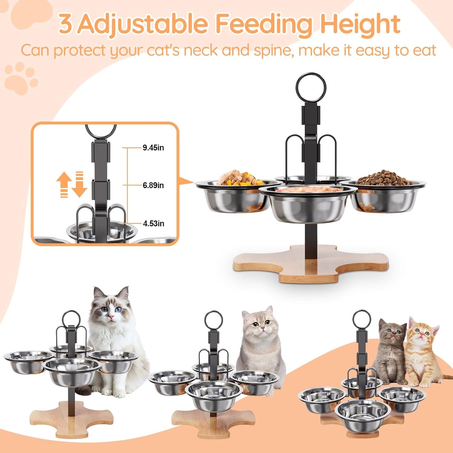 Adjustable Elevated Cat Bowls with Stand, 3 Height Raised Food & Water Bowl Set for Indoor Cats, 4 Stainless Steel Tilted Pet Dishes for Small Dogs, Non-Slip Feeding Station with Anti-Spill Design
