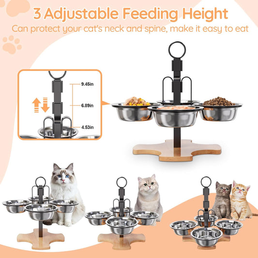 Adjustable Elevated Cat Bowls with Stand, 3 Height Raised Food & Water Bowl Set for Indoor Cats, 4 Stainless Steel Tilted Pet Dishes for Small Dogs, Non-Slip Feeding Station with Anti-Spill Design