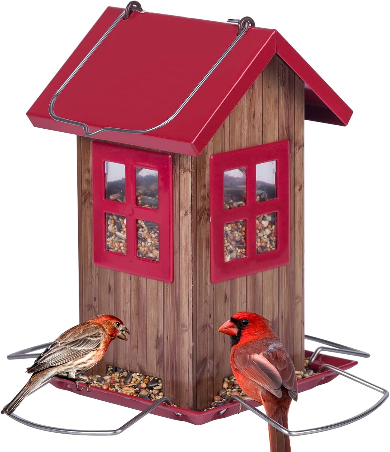 Kingsyard Cute Bird House Feeders for Outside, Hanging Metal Bird Feeder with 4 Ports, Outdoor Garden Yard Decorations for Cardinals Finches Chickadees Goldfinches & Sparrows Birds Watching
