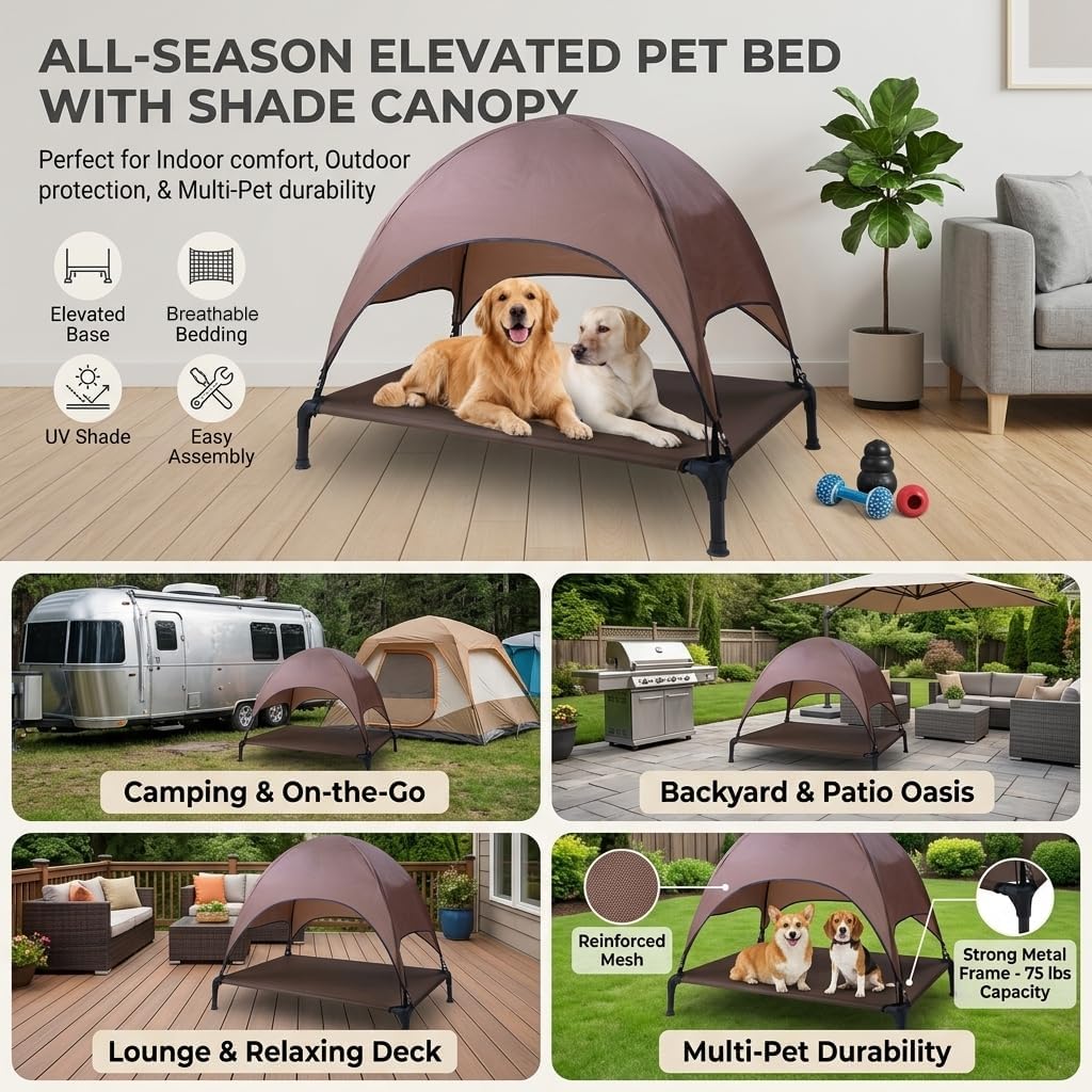 Outdoor Elevated Dog Cot, Portable Pet Bed with Removable Shade Water Resistant, Breathable Cooling Dog Camping Tent for Large Dogs Indoor Outdoor Backyard Camping Beach