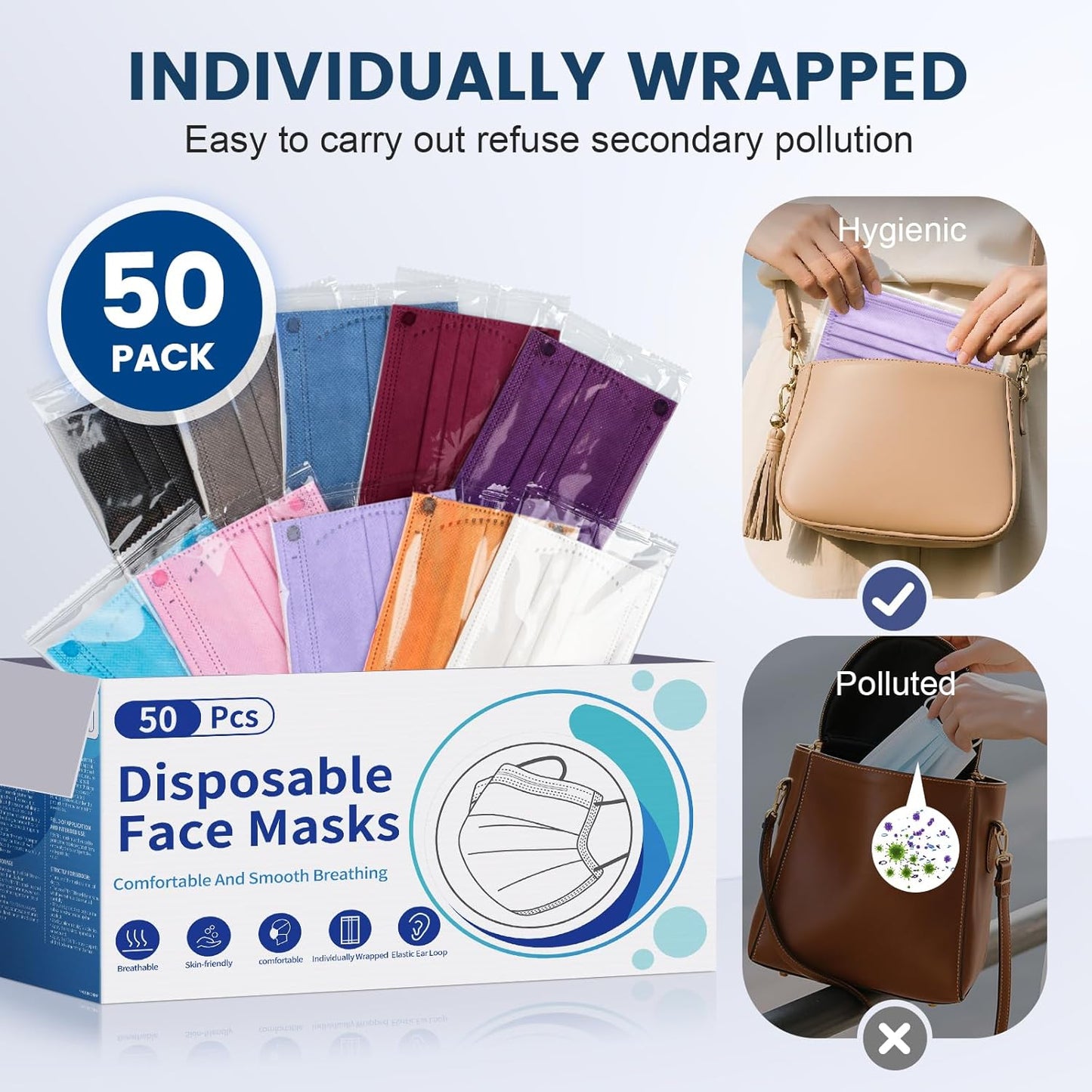 Disposable Face Mask for Adults - 4 Ply Protection, Individually Wrapped 50 Pack, 10 Colors, Breathable Comfortable & Safe