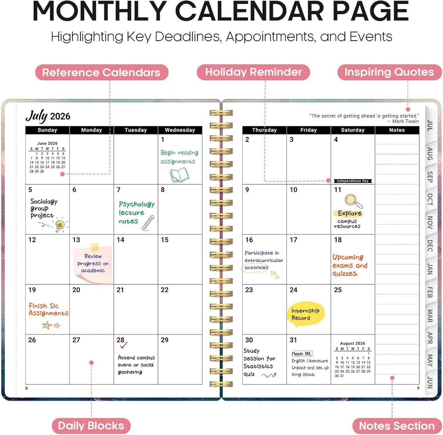 Planner 2026-2027, Academic Year Monthly and Weekly Calendar Planner, Jul 2026 - Jun 2027, Hardcover Teacher Student Planning Agenda book with Tabs, Perfect for School Office Supplies, 6.3" x 8.5" - Sunset