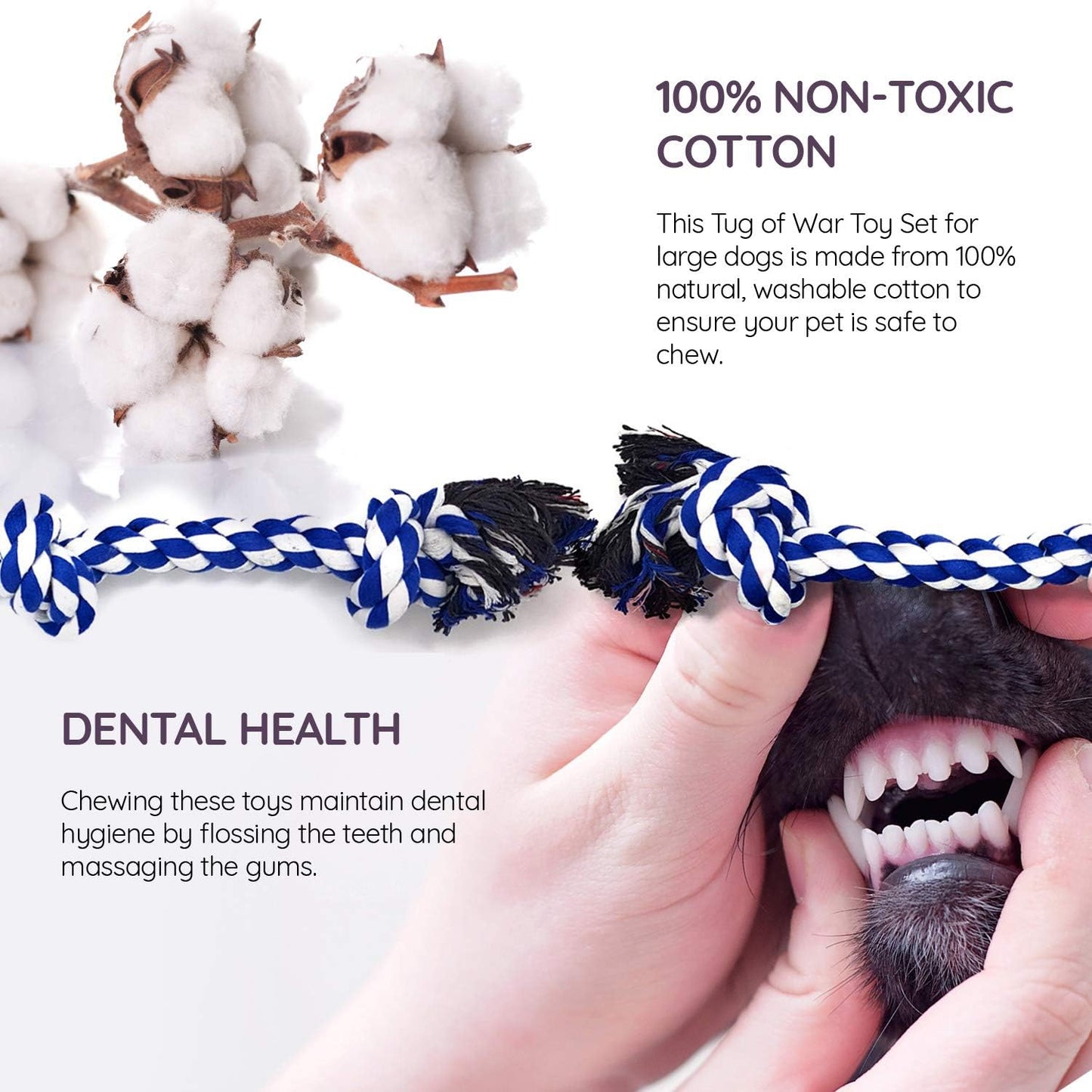 Rope Toys for Large Dogs & Puppies 4-Pack – Natural Cotton Rubber Tug-of-War Toy Set – Tough Dog Toys for Aggressive Chewers Improve Dental Hygiene – Machine-Washable Dog Rope Toy Ropes