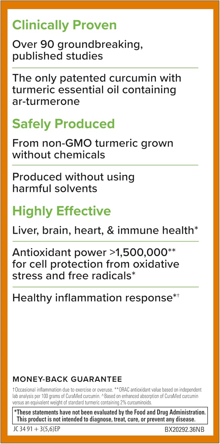 Terry Naturally CuraMed 750 mg - Antioxidant Supplement for Brain & Heart Health Support - Supplement with High-Potency Curcumin Complex - Kidney, Liver & Immune Health Support - 120 Softgels (1 Pack)