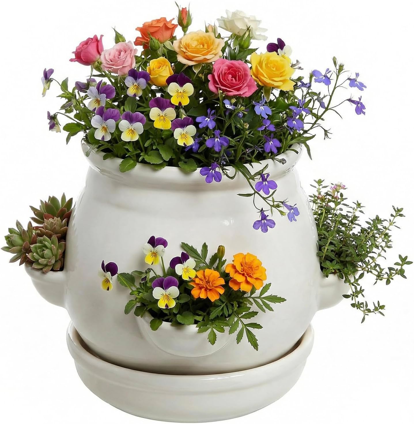MyGift White Ceramic Plant Pot, Flower Strawberry Planter with Saucer and 4 Decorative Side Openings Design