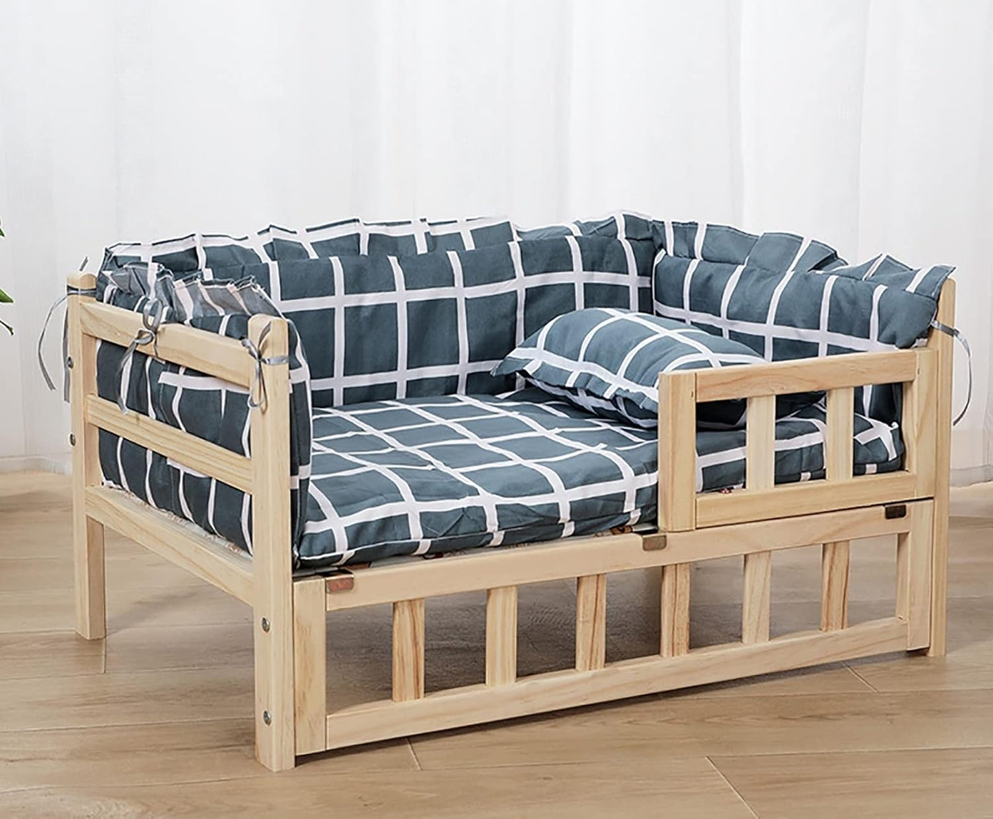 Grey Check Raised Dog Bed with Mattress ＆ Pillow, Large Wood Orthopedic Relief Elevated Pet Couch with Fence, for Home, Outdoor, Courtyard (Color : Style1, Size : S-54x39x38cm/21x15x15) (Style2 L)
