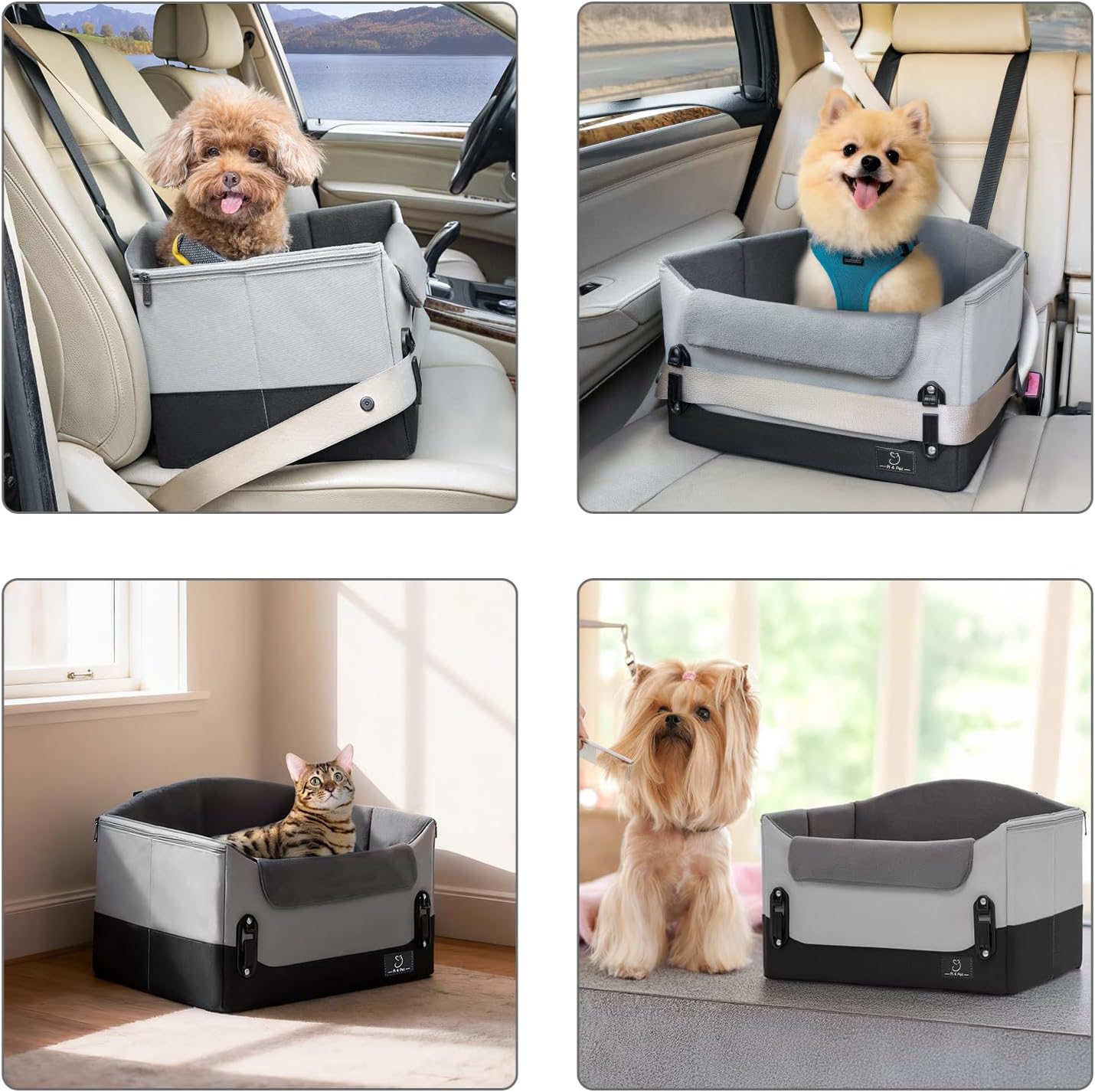 A 4 Pet Dog Car Seats for Small Dogs Under 25lbs – Safety Travel Booster Seat with Patent Buckles, Adjustable Leash – Reduces Anxiety & Road Trips – Frame Support for Cars, SUV, Pickup