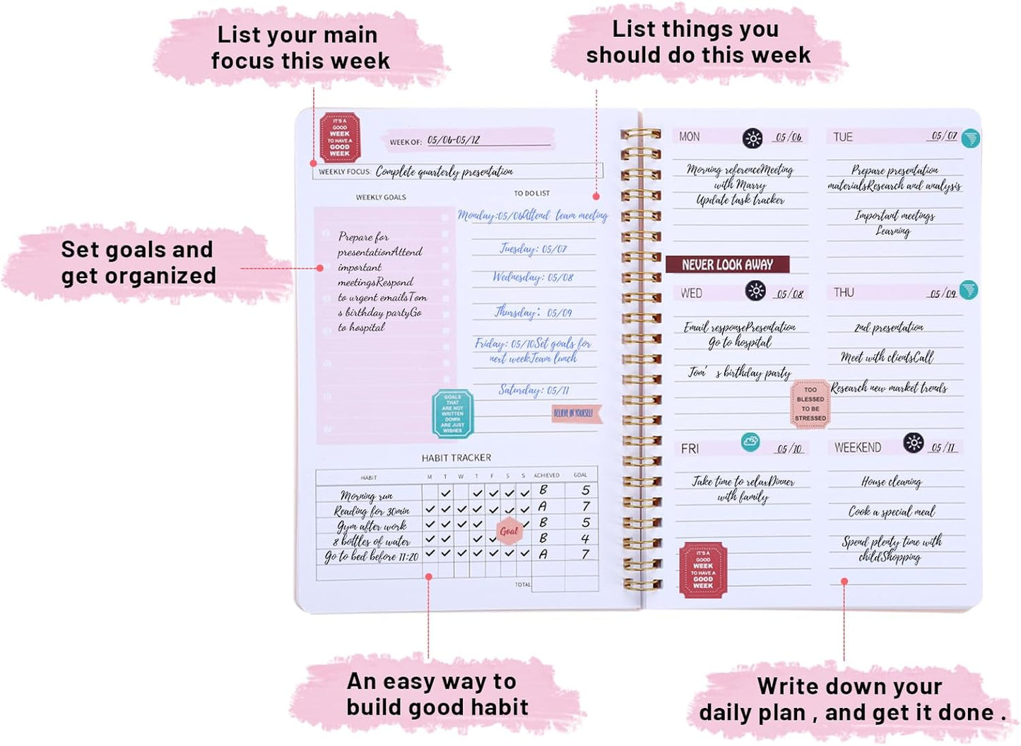 Undated Weekly Planner with Habit Tracker, 52 Weeks To Do List Notebook A5 Weekly Goal Planner with Spiral Binding & Stickers Home Work School Supplies for Women Girls 8.2" x 5.7" - Pink