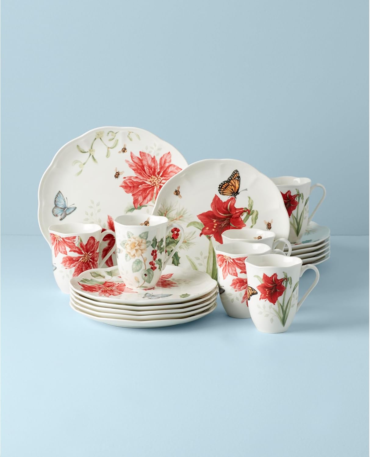 Lenox Dinnerware Set, Butterfly Meadow Holiday 18-Piece Set, Service For 6, Porcelain, Christmas Dinnerware Sets, Holiday Hosting, Dishwasher Safe, Plates and Mugs Sets (18 Pieces, Assorted)