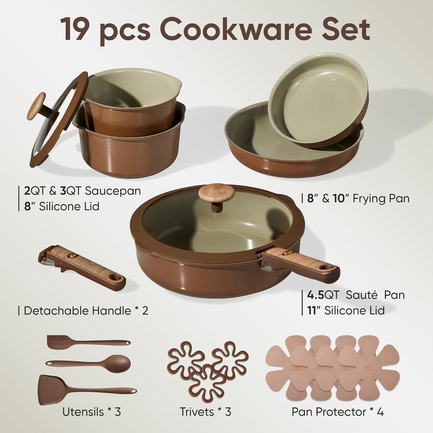 CAROTE 19PCS Ceramic Nonstick Cookware Set, Pots and Pans Set with Detachable Handle, PFAS-Free Non-Toxic, Induction & Oven Safe, Stackable Space-Saving, Pistachio Green