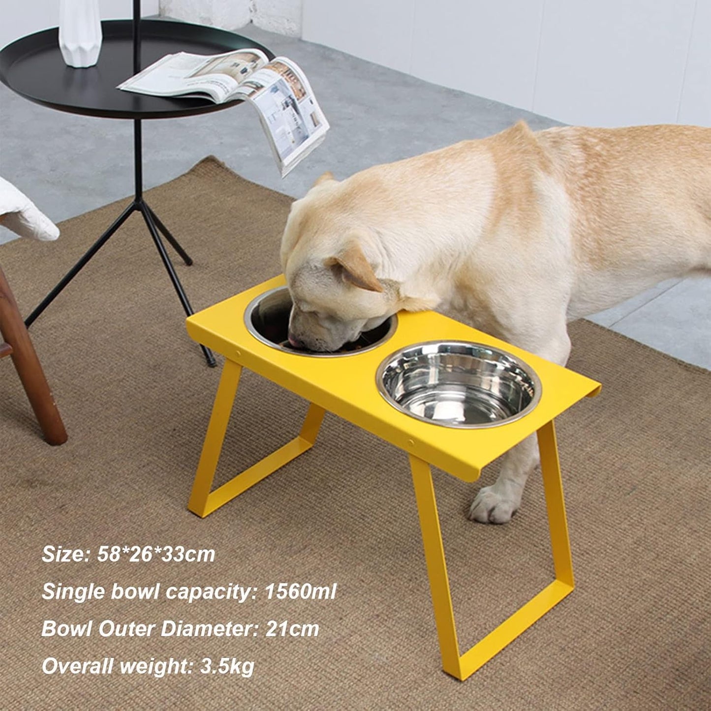 Raised Dog Bowls, Elevated Dog Bowls with 2 Stainless Steel Food & Water Bowls, Dog Food Bowl Stand with a Folding Shelf for Large Dogs,Yellow