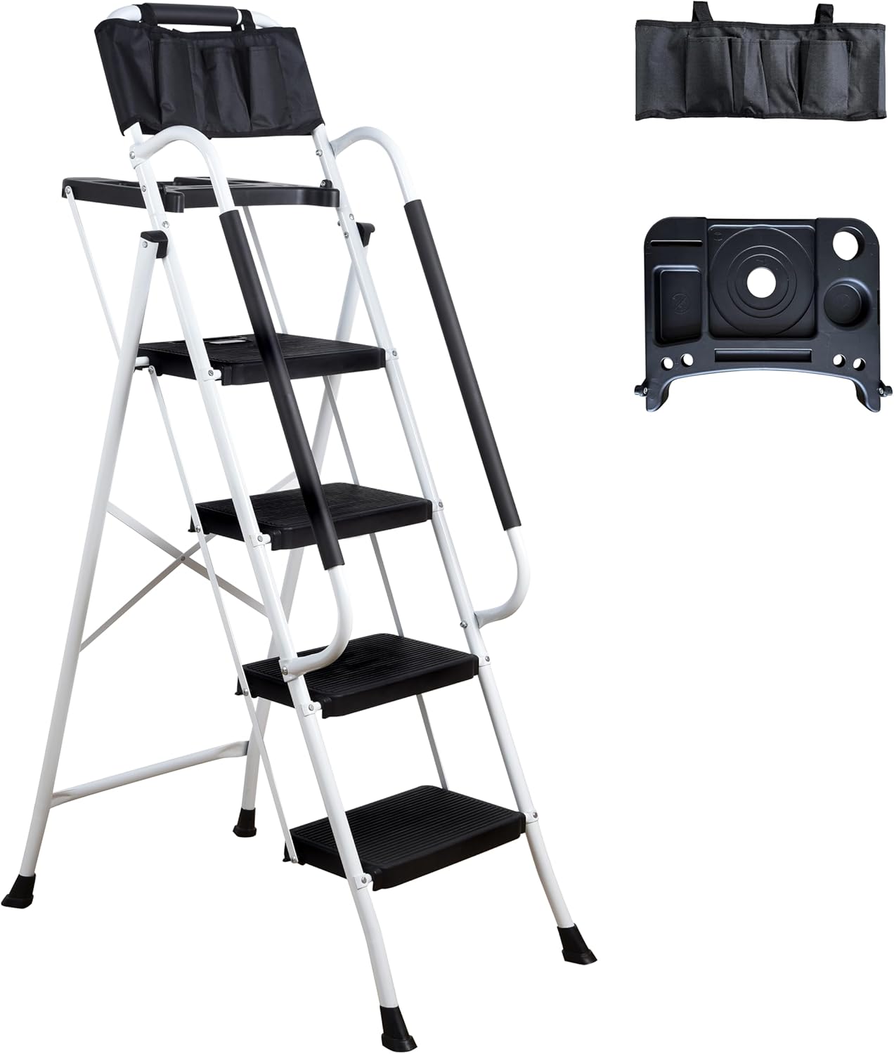 LEADALLWAY 4 Step Ladder with Handrails (Include Tool Tray+Bag) 330lbs Capacity