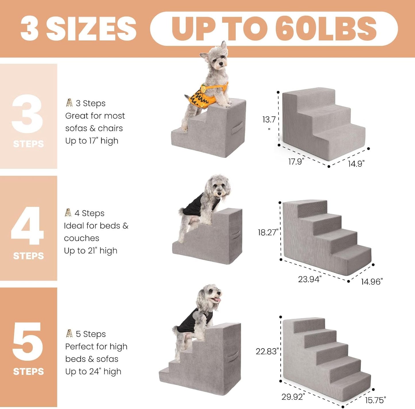 MEWANG Dog Stairs for Small Dogs, Medium Dogs & Old Cats – 4-Step Pet Ramp with High-Density Foam for Bed and Couch, Non-Slip Bottom, Washable Cover, Grey (23.9" L x 14.9" W x 18.2" H)