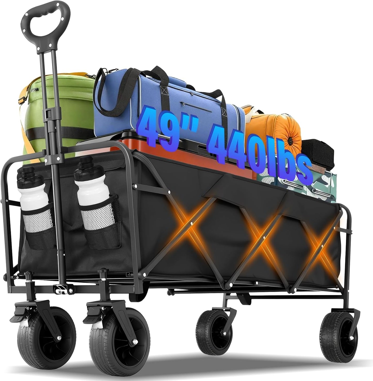 49" Extra Long Wagons Carts Foldable, 440 LBS Large Capacity Collapsible Wagon Heavy Duty with Wheels, Portable Utility Folding Wagon for Beach, Garden & Camping