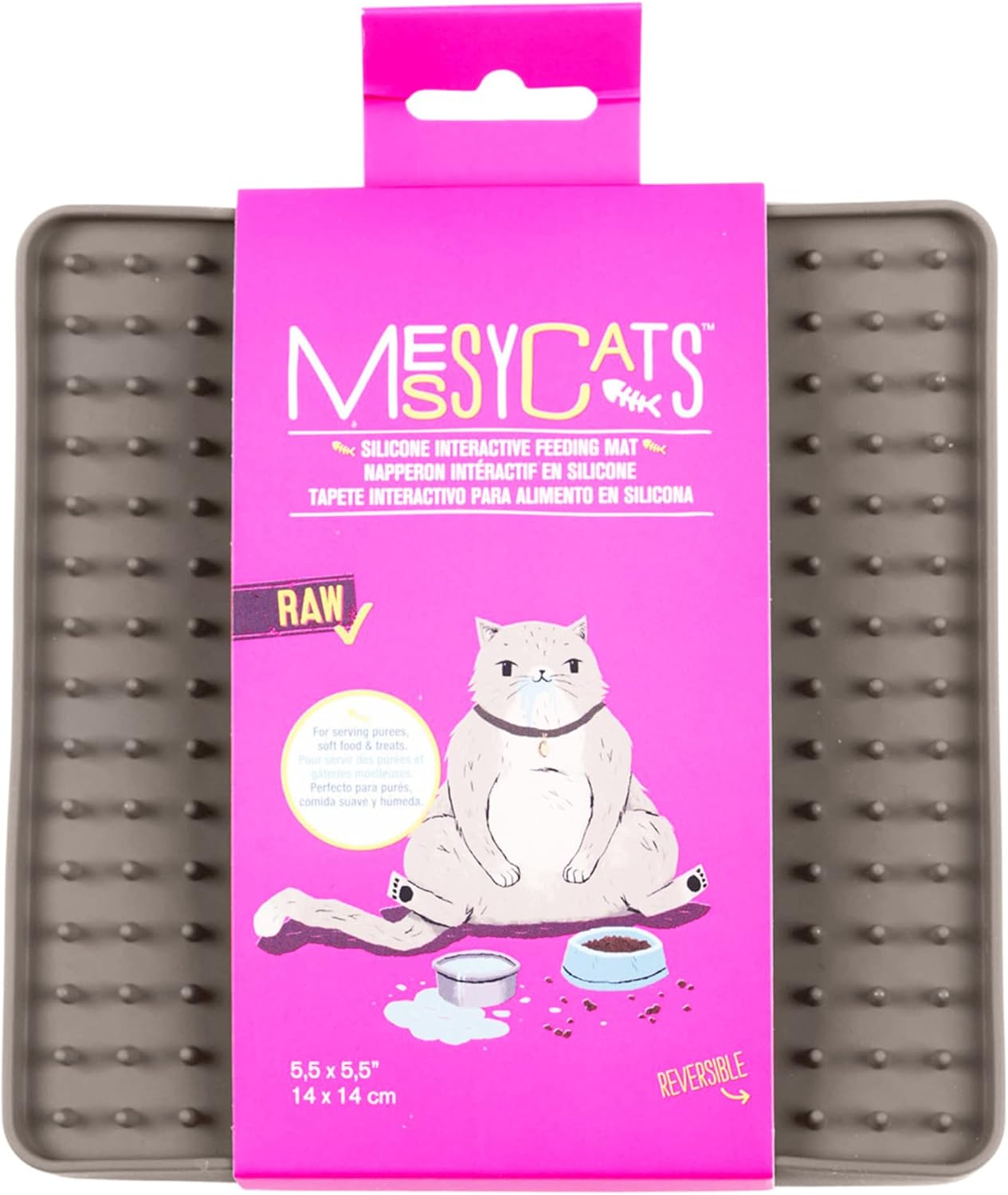 Messy Mutts & Cats Silicone Reversible Interactive Feeding and Licking Mat | 5.5” x 5.5” | Slow Feeder for Boredom & Anxiety | Lick Pad for Cats & Small Dogs | Grey