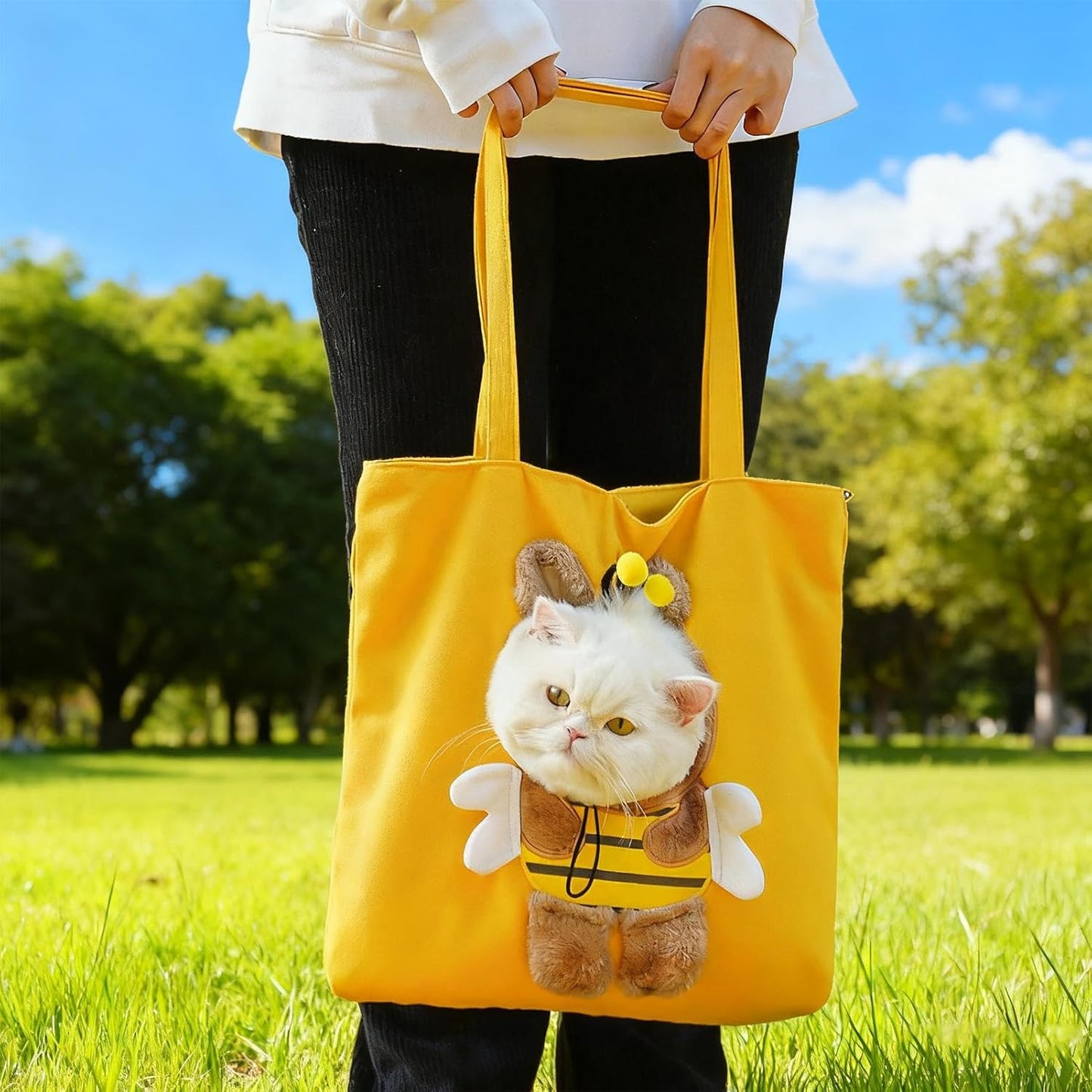 Cat Carrier Pouch - Animal Sling, 1pc Animated Kitten Tote for Shoulder Carrying, Fleece Chest Pack with Safety Leashes, Travel Equipment, Soft Sided Satchel for Strolling, Errands and Subway Trips