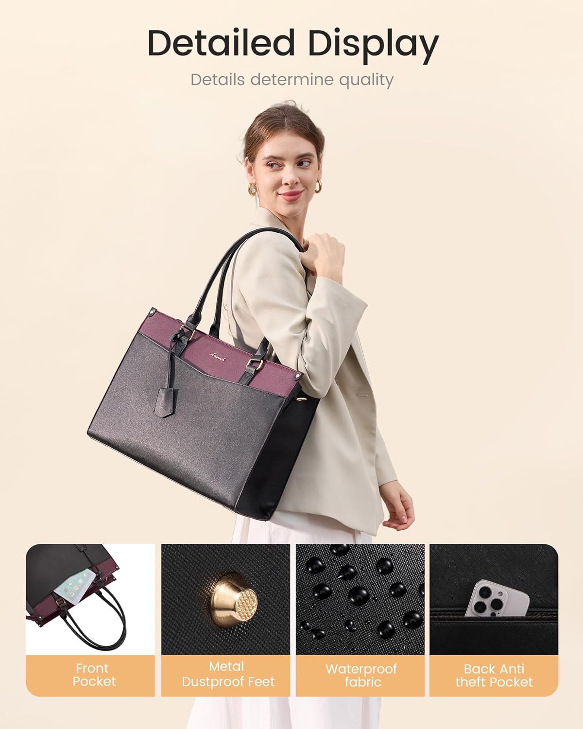 LOVEVOOK Laptop Bag for Women, 2-in-1 Tote Purse with Clutch & Cup Holder, Waterproof Briefcase for Work Travel