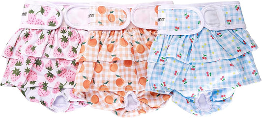 Avont 3 Pack Washable Female Dog Diapers, Reusable Period Diapers Cover for Girl Doggies Heat Cycle, Incontinence -Strawberry/Orange/Cherry(XS)