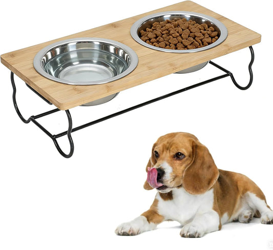 Elevated Dog Bowls for Small Medium Dogs,Wooden Pet Raised Food Bowl Stand Stainless Dishes Feeding Set Wood Stands for Cat and Puppy Feeder Steel Dish Station Bulldog Dachshund Feeders