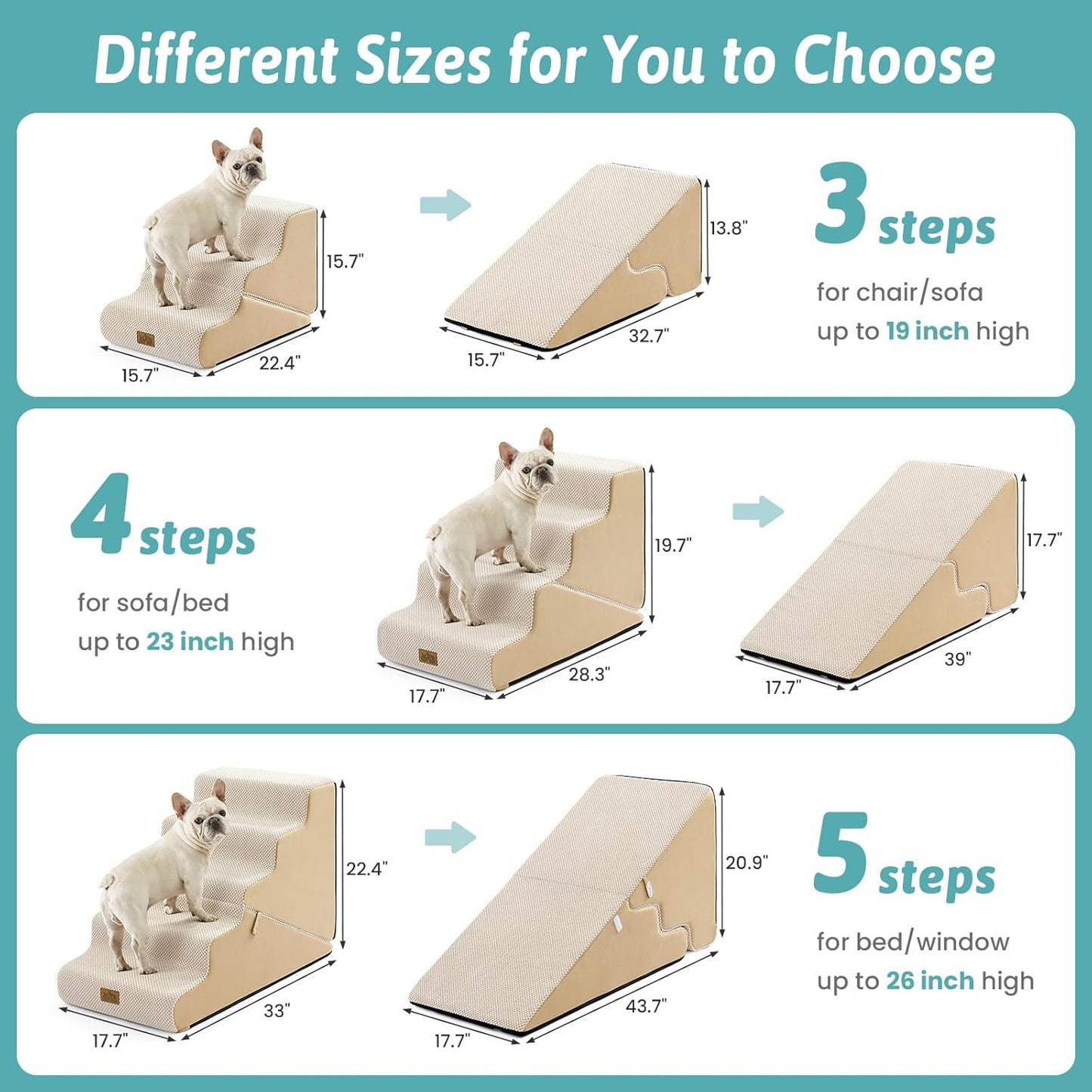 Dog Stairs for Small Dogs, 3-Step 2 in 1 Transformable Pet Stairs for Couch and Bed, 15.7" H Dog Steps for Old Cats, Puppy, Small Dogs (Beige, 15.7x22.4x15.7 in, 3.0)