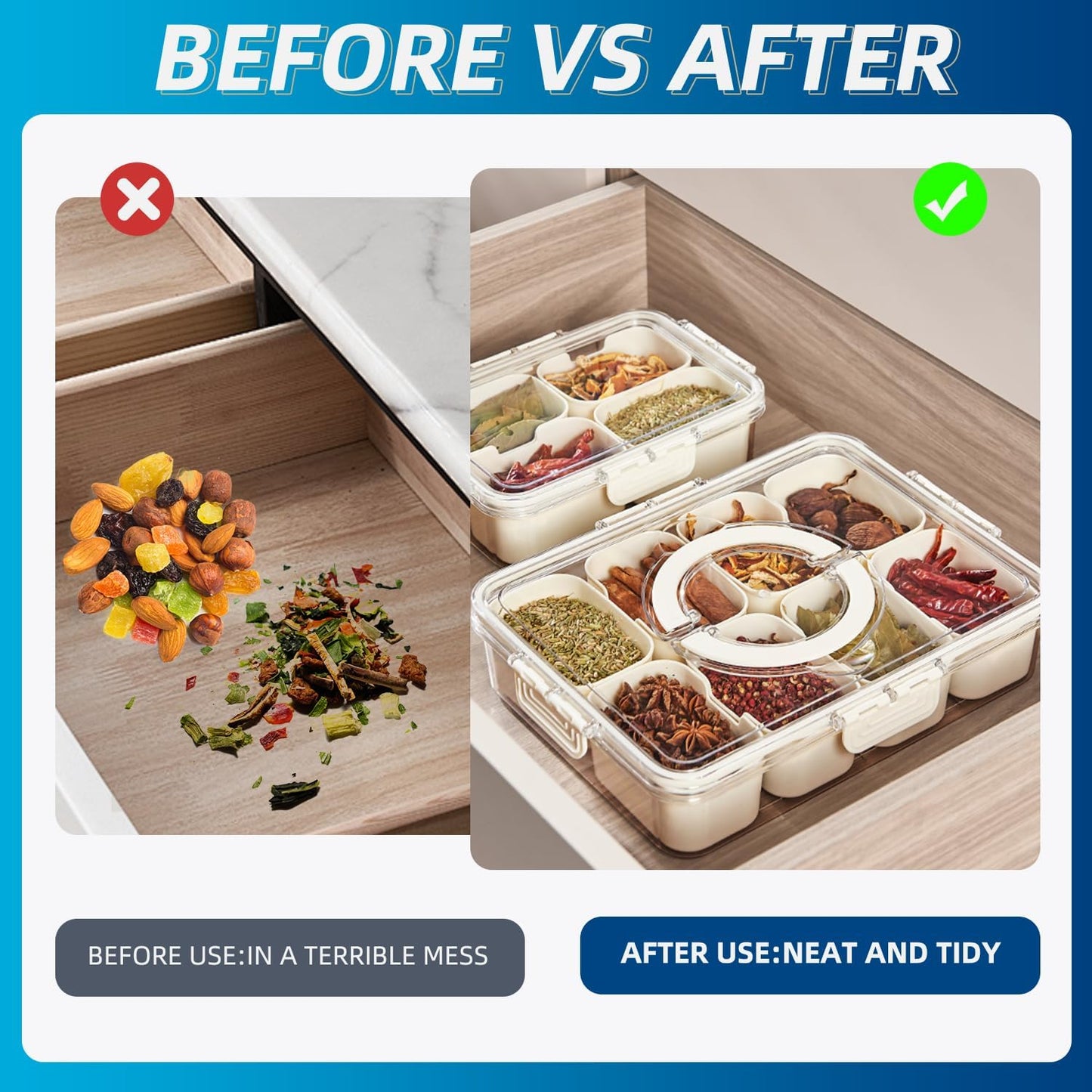 Air-Tight Snackle Box Container –Divided Serving Tray with Lid & Handle–Clear Snack box for Fruits, Candy & Nuts–Portable for Travel & Daily Use (8 Inside Containers Dishwasher Safe)