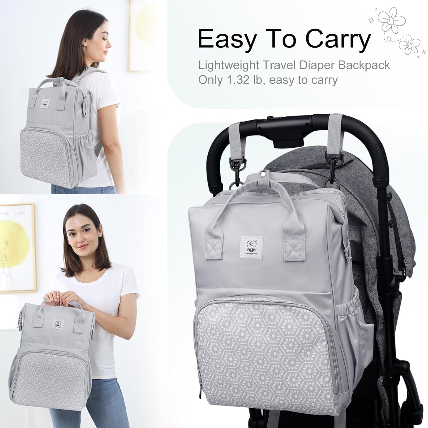 Diaper Bag with Changing Pad, Large Baby Bags Backpack with Stroller Straps & Insulated Pockets, Multifunction Waterproof Travel Diapers Back pack for Women & Man, Grey