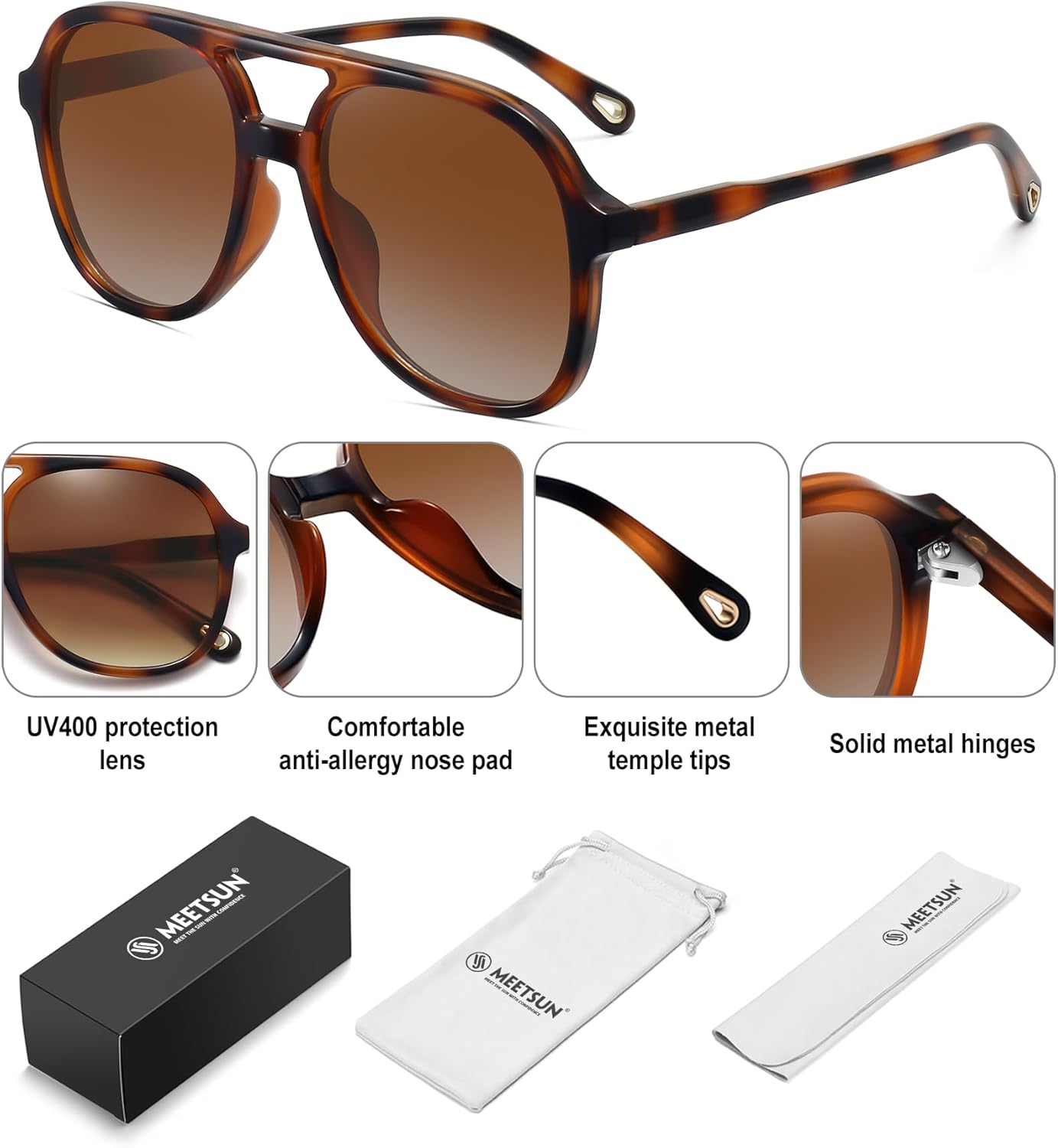 MEETSUN Retro Oversized Aviator Sunglasses for Women Men Trendy 70s 80s Vintage Square Aviators 3 Pack UV400