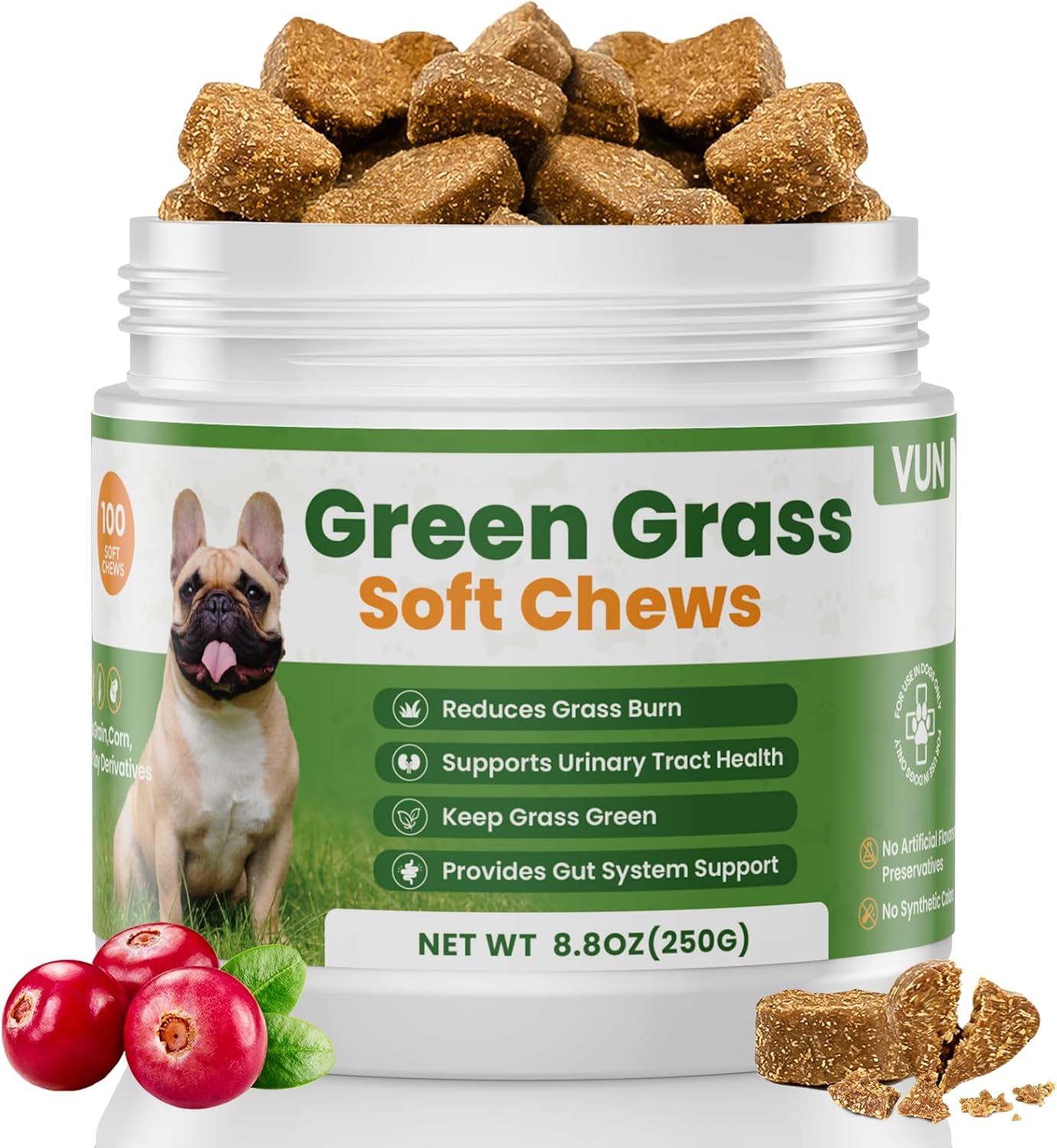VUN Dog Urine Neutralizer for Lawn – Green Grass Dog Chews to Prevent Yellow Spots & Lawn Burn – Grass Saver Soft Chews with DL-Methionine,Cranberry&Probiotics-100 Soft Chews