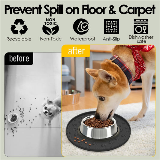 Pet Feeding Mats for Food and Water, Waterproof Anti-Slip Placemats for Dog Cat Bowl, 2 Pack Silicone Pet Food Mat, Dishwasher Safe 10.9 × 10.9 (2 Black, Small Paws)