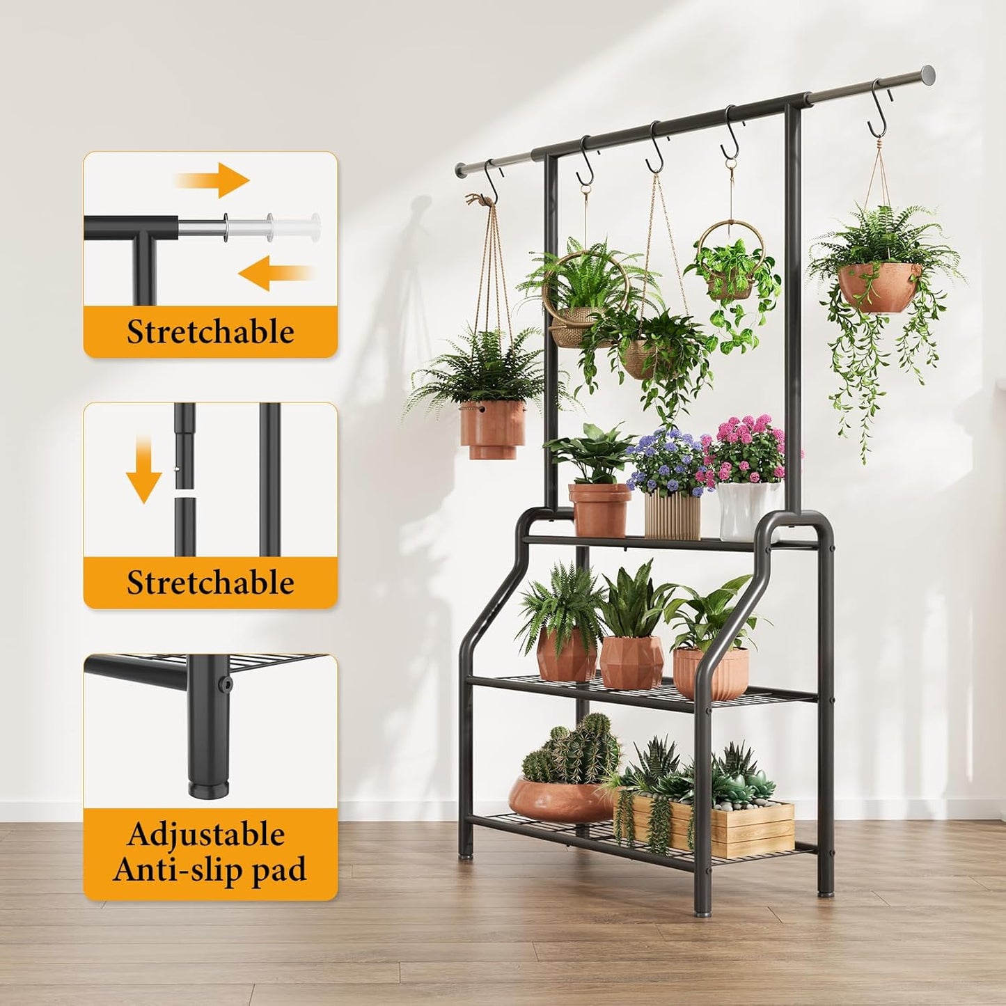 Plant Stand Indoor Outdoor, 3-Tier Heavy Duty Metal Hanging Plant Shelf, 61'' Tall Large Plant Holder Rack for Multiple Big Pots, Flower Stand for Living Room, Garden, Balcony, Black