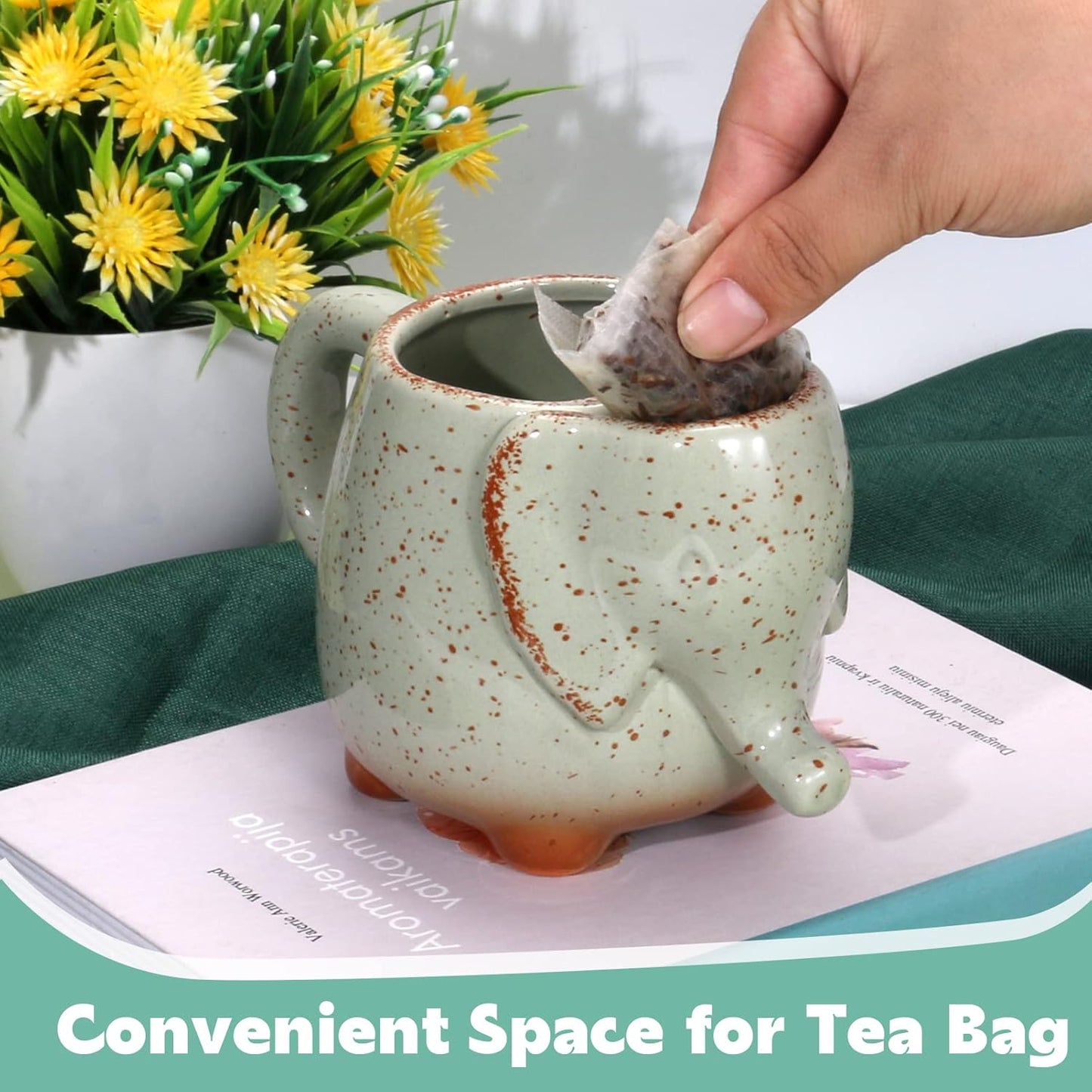 Tea Mug Elephant Cup Ceramic 15oz Tea Mug with Tea Bag Holder Ceramic Green Unique Cup Great for a Tea Lover