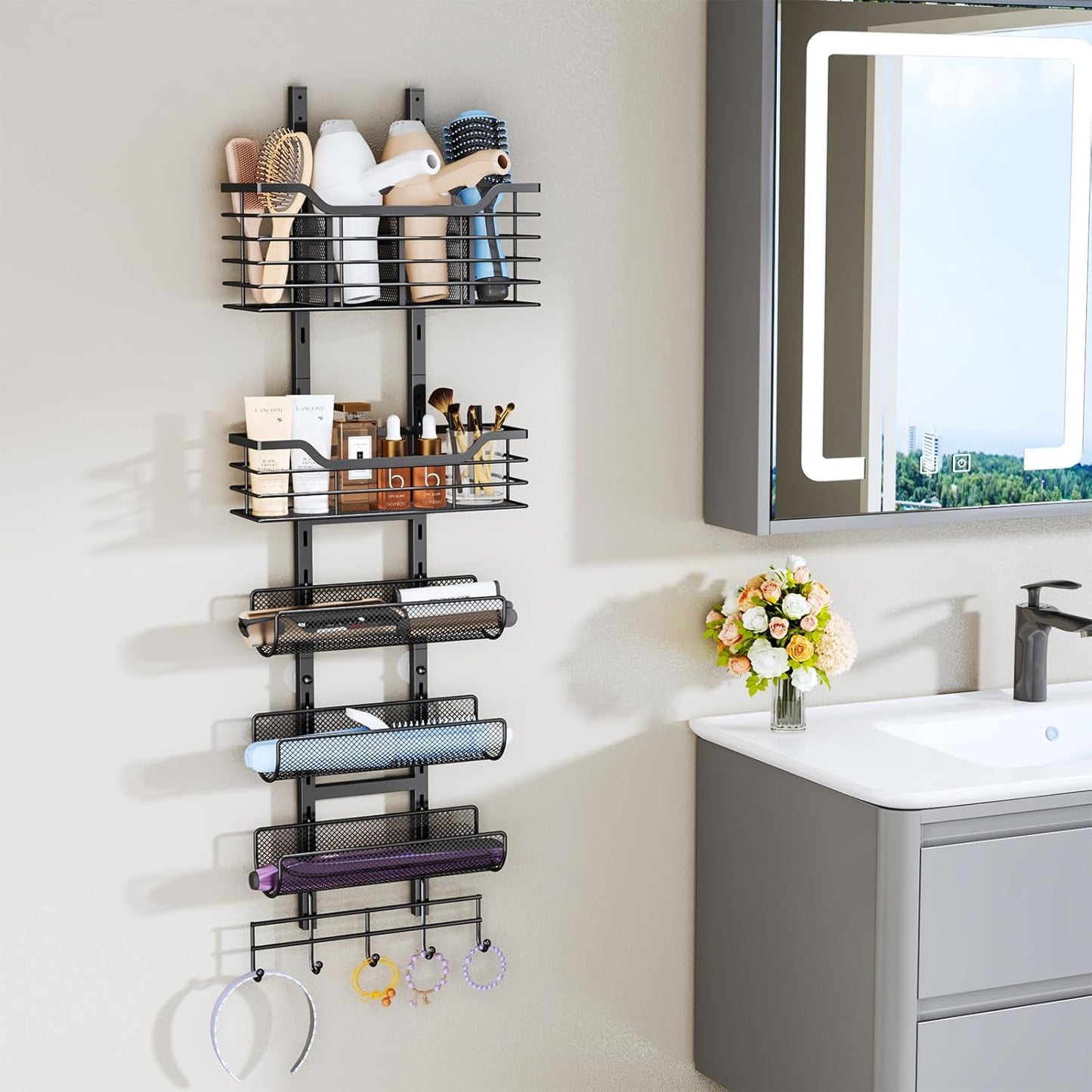 Consumest 6-Tier Hair Tool Organizer - Hair Dryer Holder Over The Door/Wall Mounted DIY Adjustable Shelf Bathroom Door Organizer with Hook for Curling Iron/Blow Dryer/Straightener Black