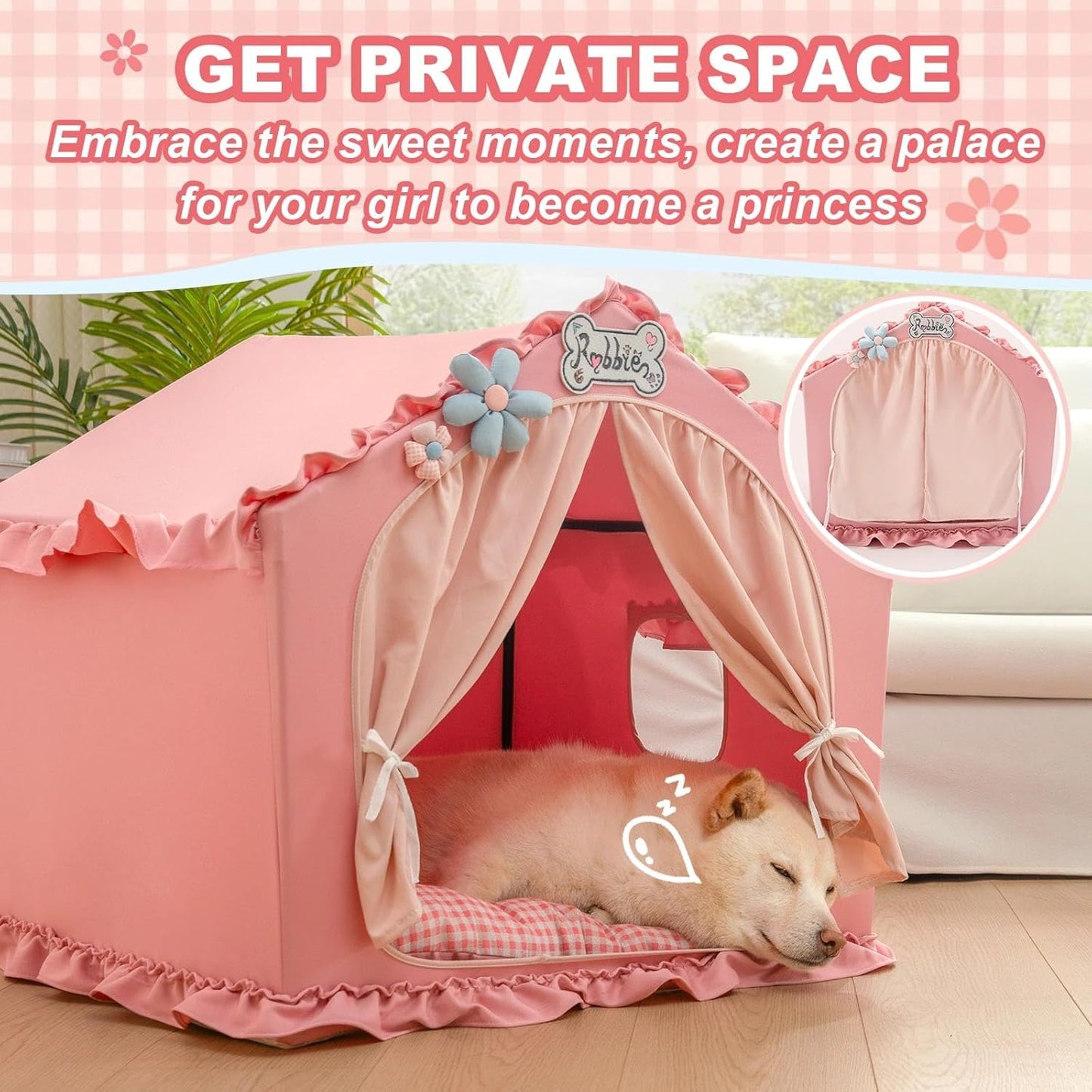 Jiupety Indoor Dog House with Frame, Cute Dog Tent Bed with Cover Cave, Breathable, Washable, and Foldable House, Suitable for 20-40 Lb, Large (25"×25"×25"), Pink